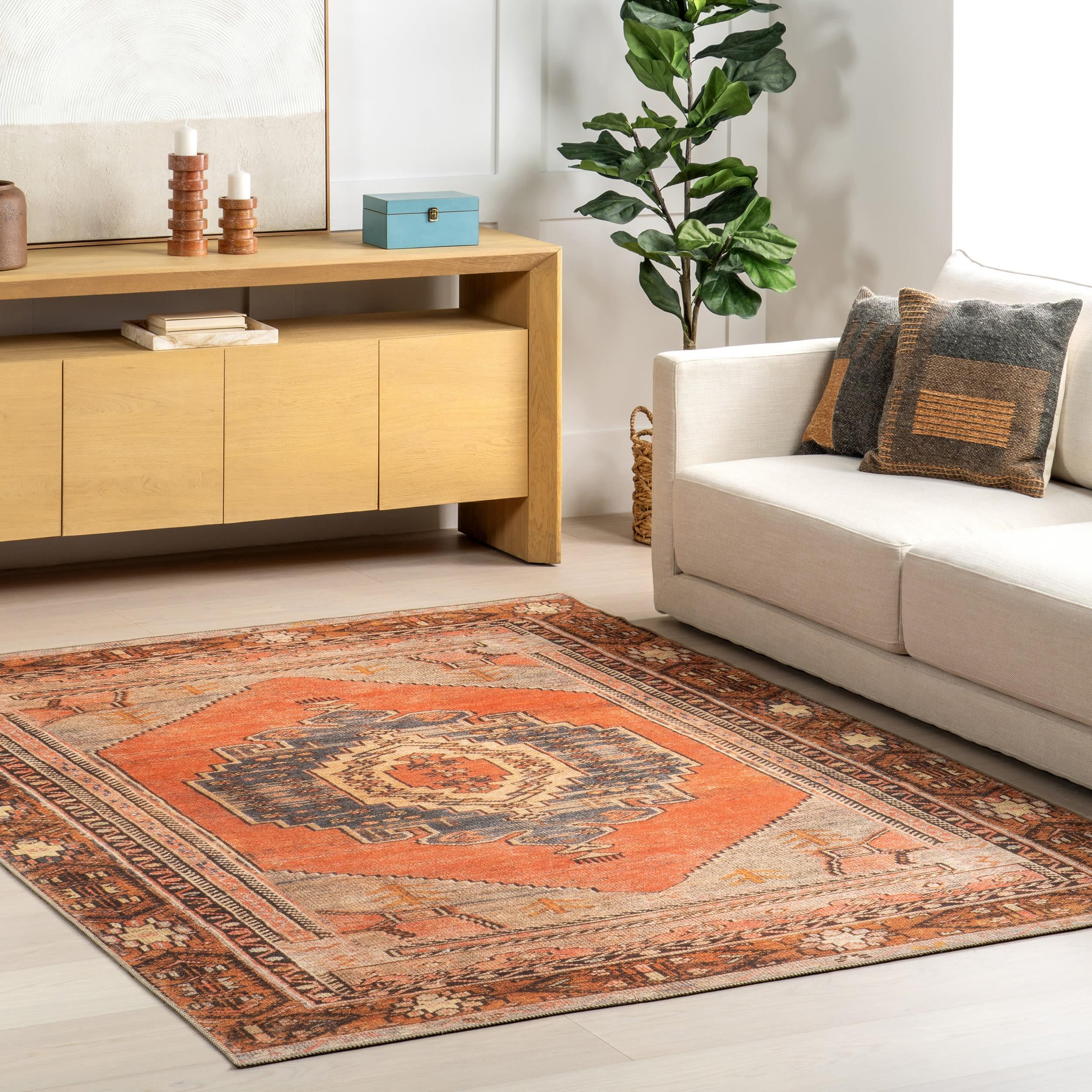 Nuloom Kamila Medallion 5x8 Machine Washable Indoor Area Rug for Living Room Bedroom Dining Room Kitchen, Orange/Ivory