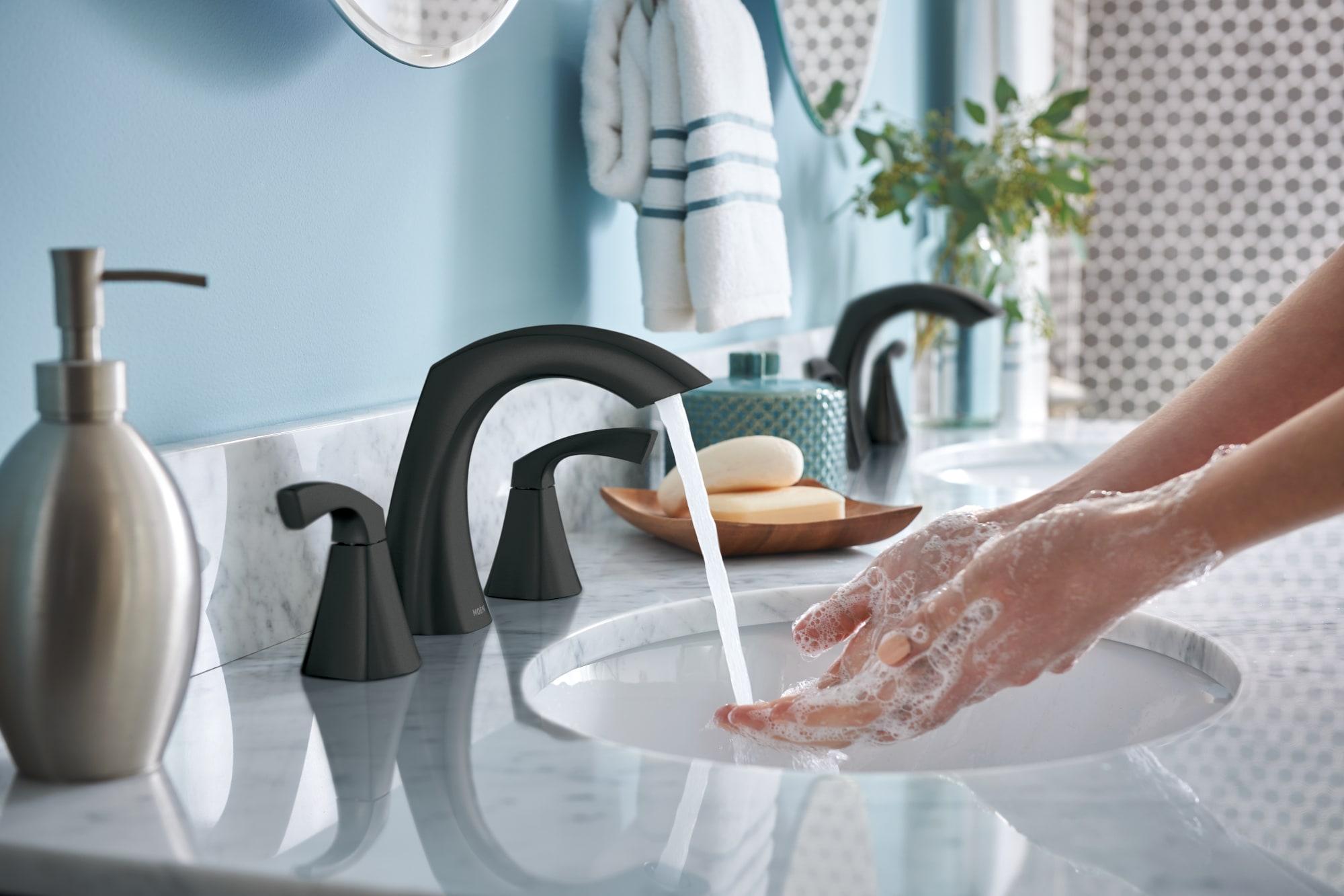 Moen Lindor Matte Black Widespread 2-Handle Bathroom Sink Faucet with Drain Assembly