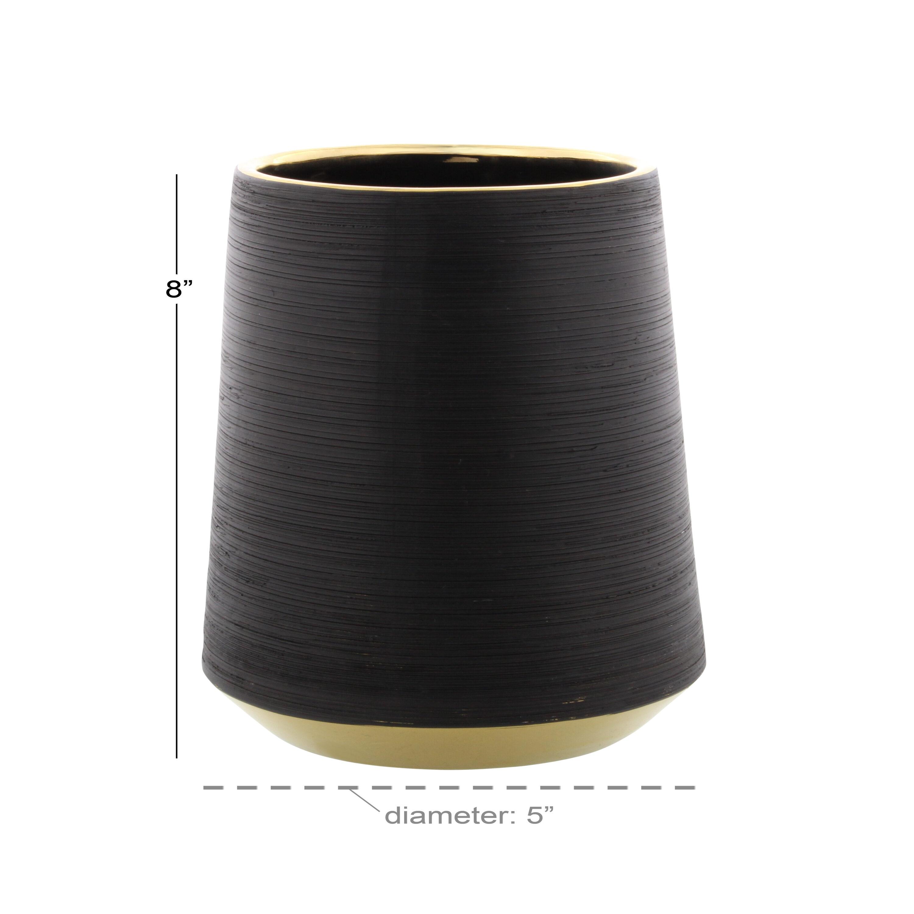 CosmoLiving by Cosmopolitan 8" Ribbed Black Porcelain Ceramic Vase with Gold accents