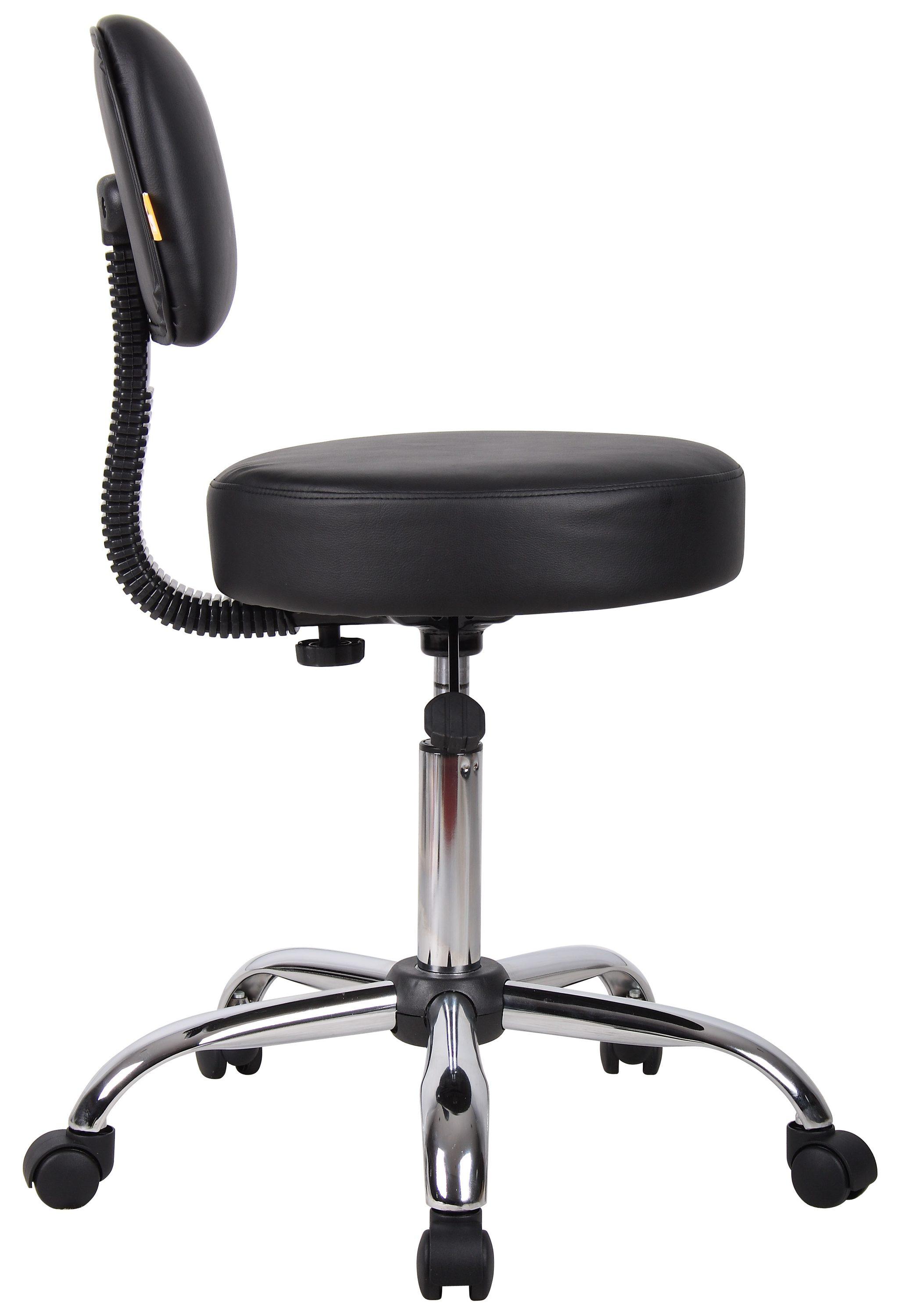 Medical Stool with Back Cushion Black - Boss Office Products: Chrome Base, Adjustable Height & Depth