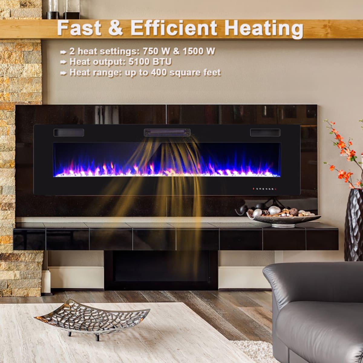 Costway 68'' Ultra-Thin Electric Fireplace Recessed Wall Mounted W/Crystal Log Decoration