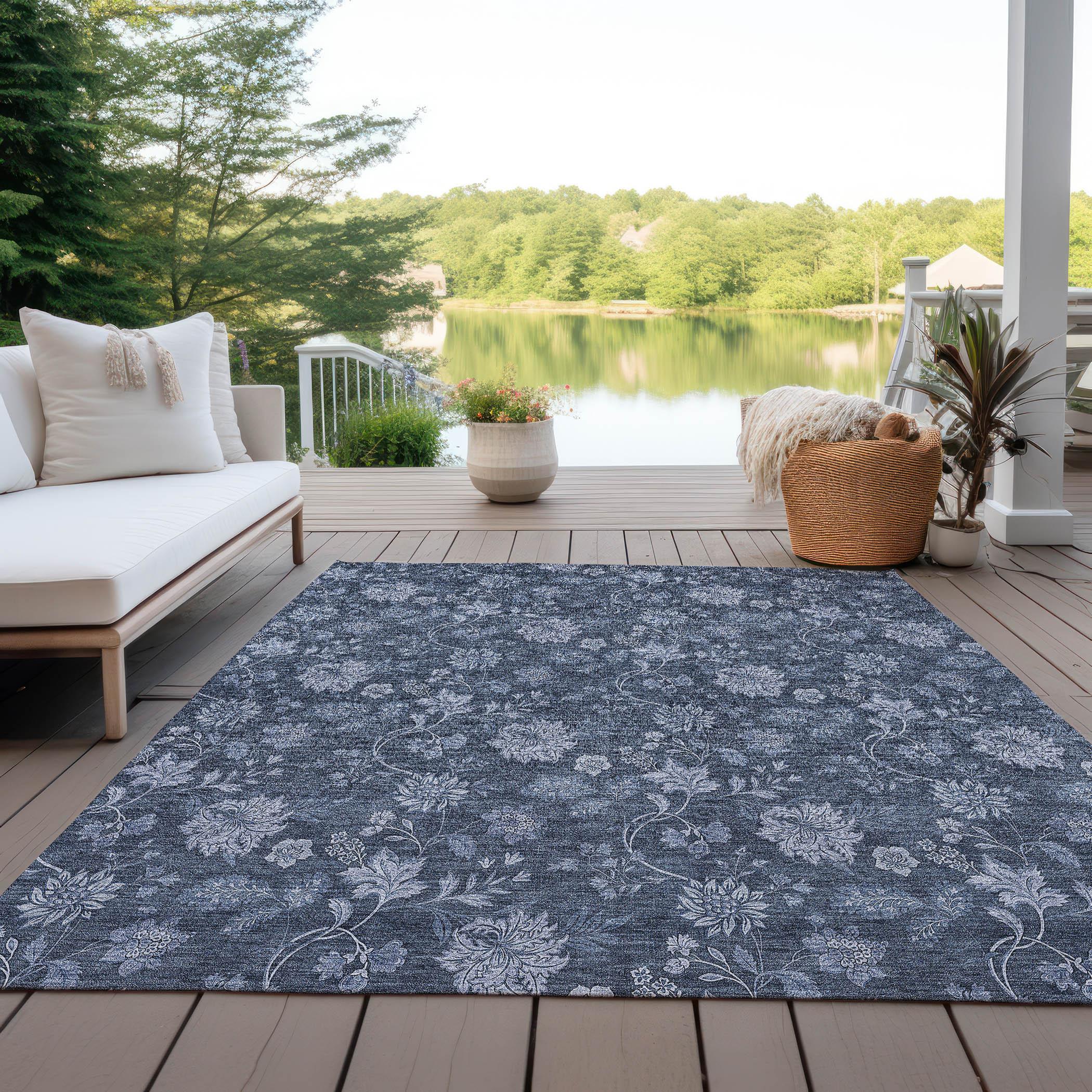 Blue Floral Synthetic Rectangular 8' x 10' Washable Rug