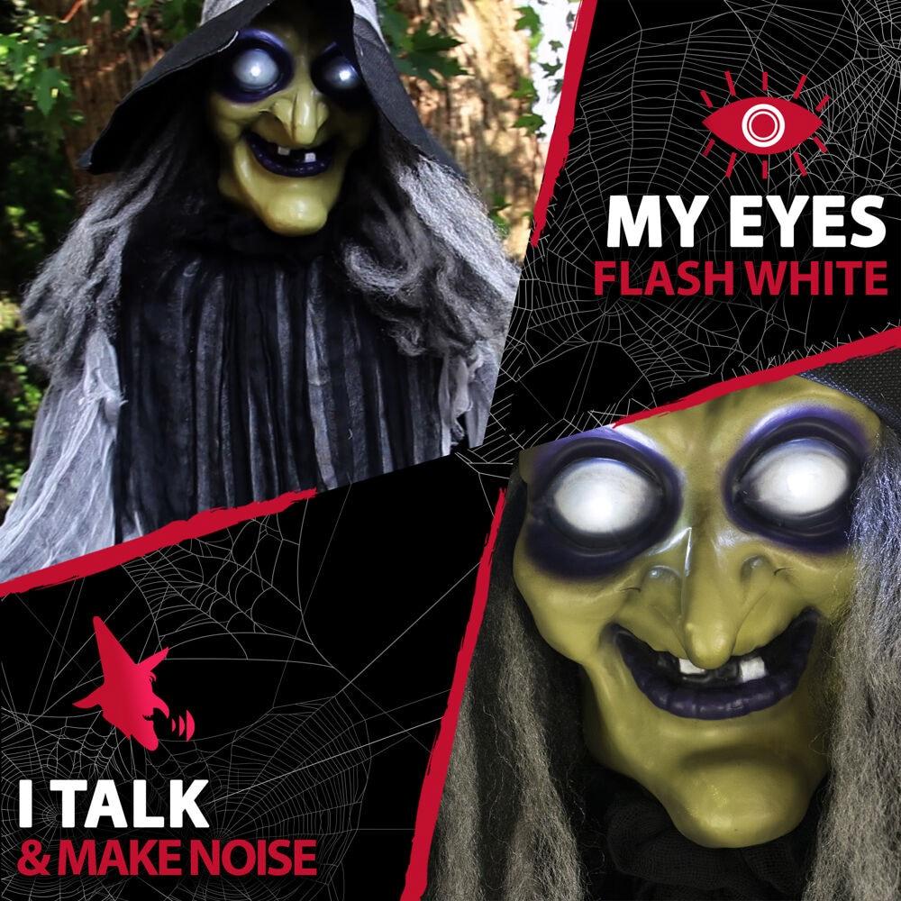 Haunted Hill Farm 9.5-Ft. Animatronic Witch, Indoor or Covered Outdoor Halloween Decoration, Light-up White Eyes, HHWITCH-16FLSA