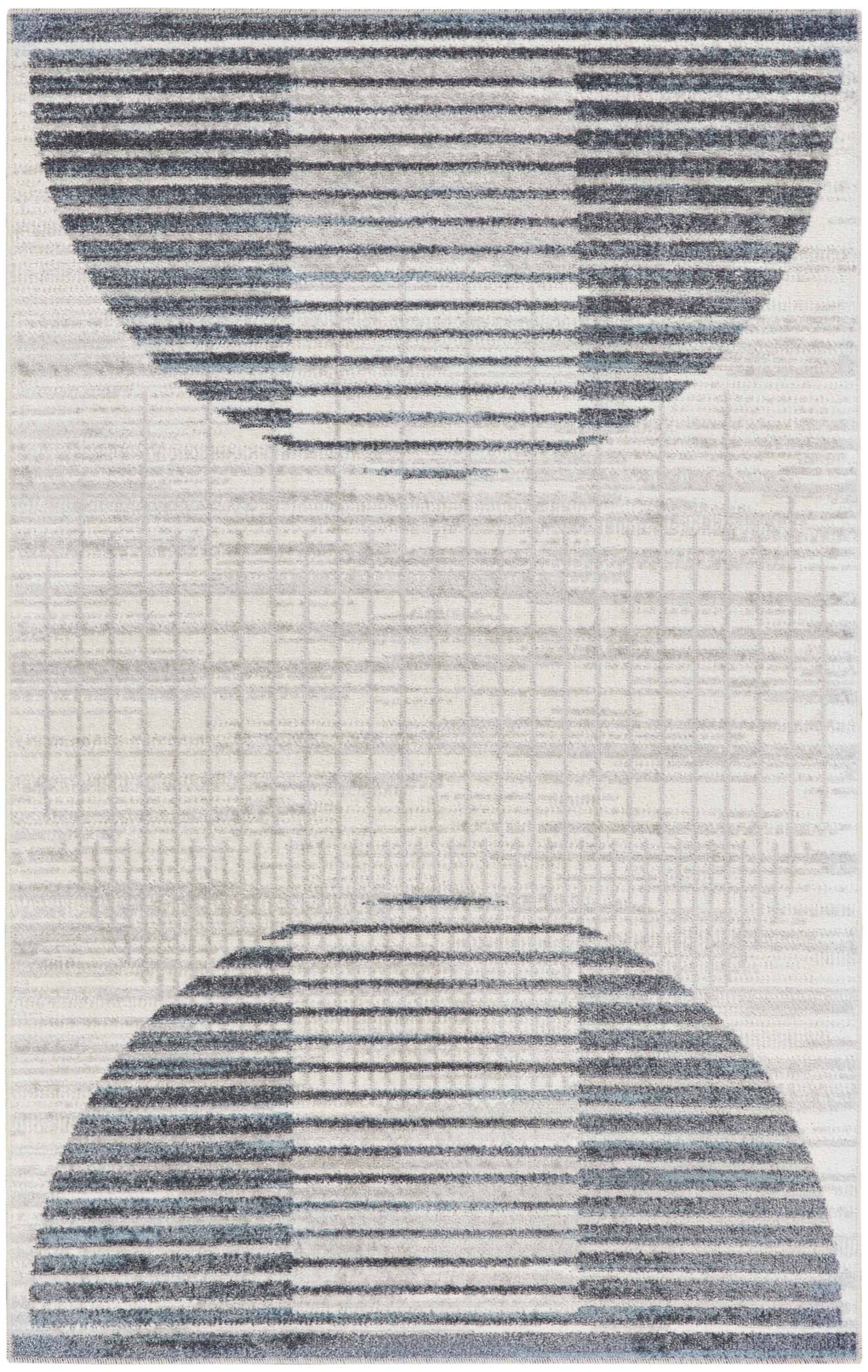 Nourison Astra Machine Washable Semi Circles Mid-Century Modern Indoor Rug Ivory Blue 2'2" x 4'