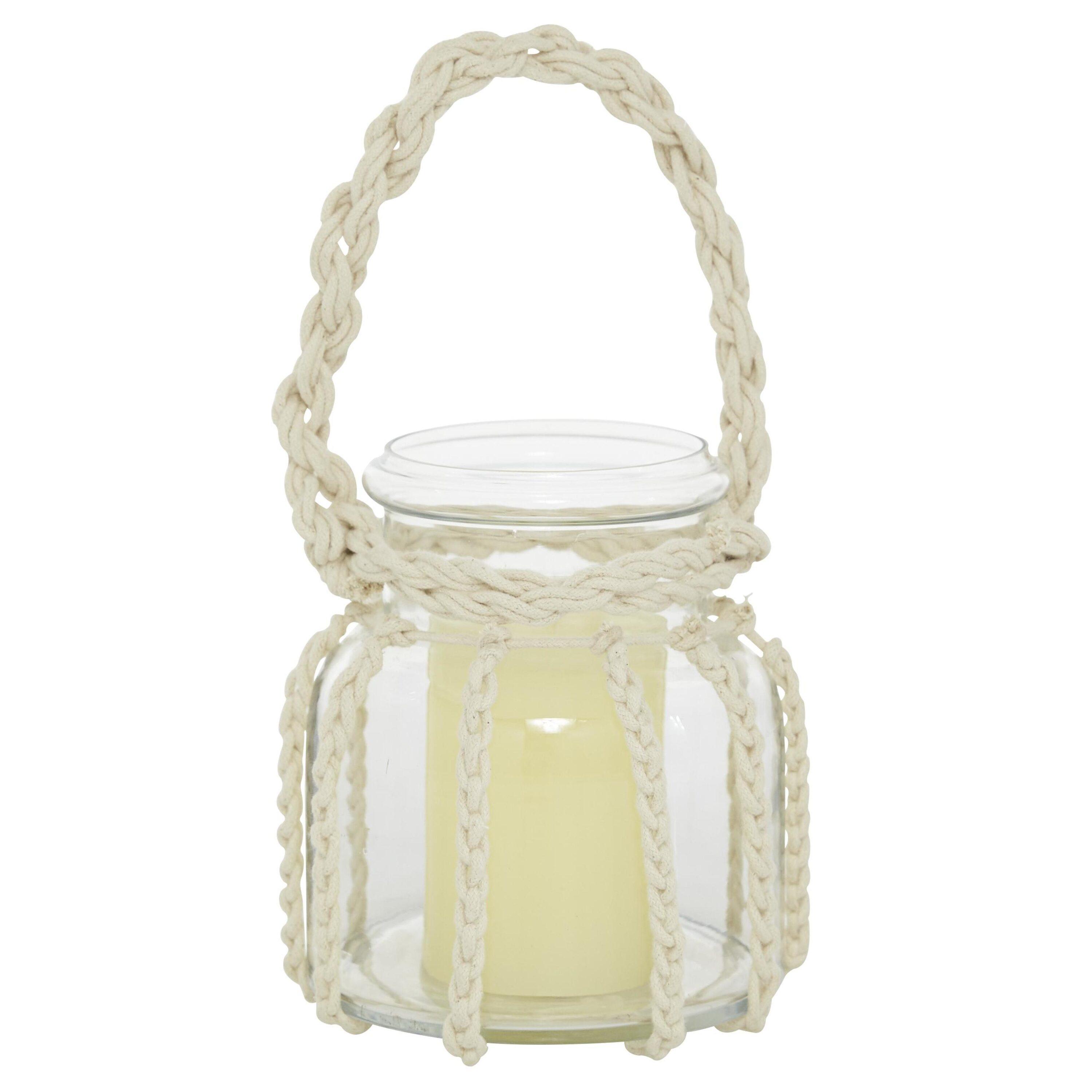 DecMode Clear Glass Decorative Candle Lantern with Rope Handle