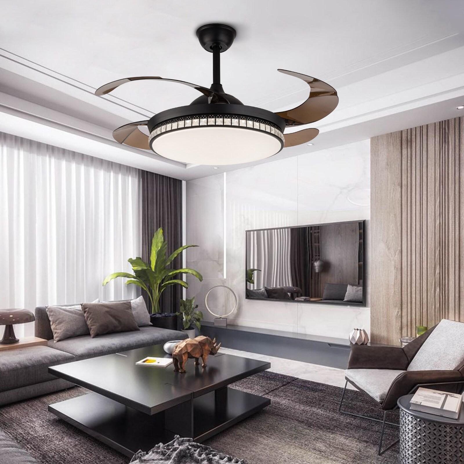 42 inch Modern Ceiling Fan with Light Remote Contro, 4-Blades Retractable LED Chandelier Fan Ceiling Light Fixture for Dining Room Living Room Black