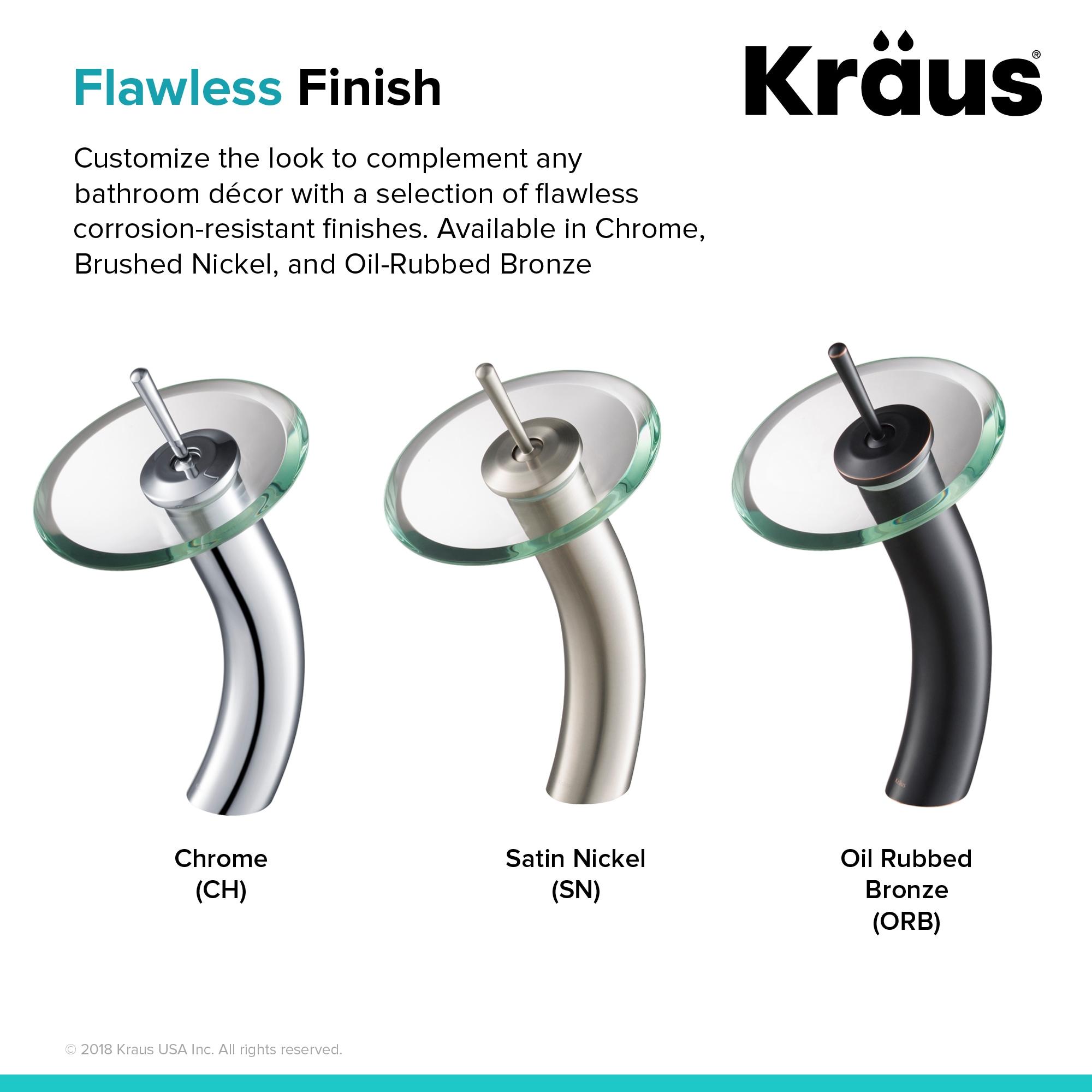 KRAUS Tall Waterfall Bathroom Faucet for Vessel Sink with Frosted Black Glass Disk, Satin Nickel Finish