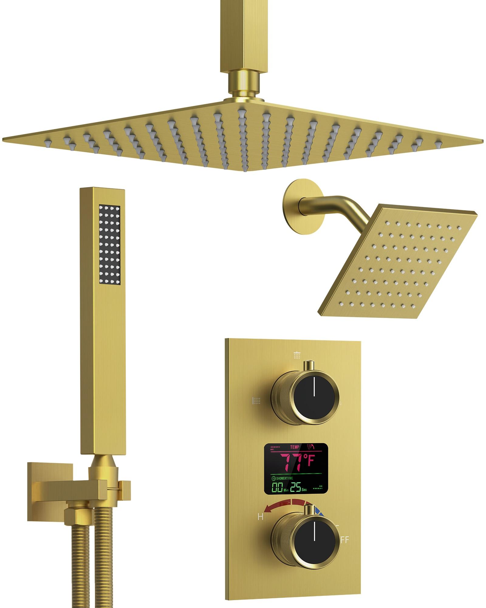GRANDJOY Dual Wall Mount Rainfall Shower Head System Adjustable 12 inch & 6 inch Shower Faucet Set with Handheld Shower Spray Thermostatic Pressure Balance Value, Brushed Gold