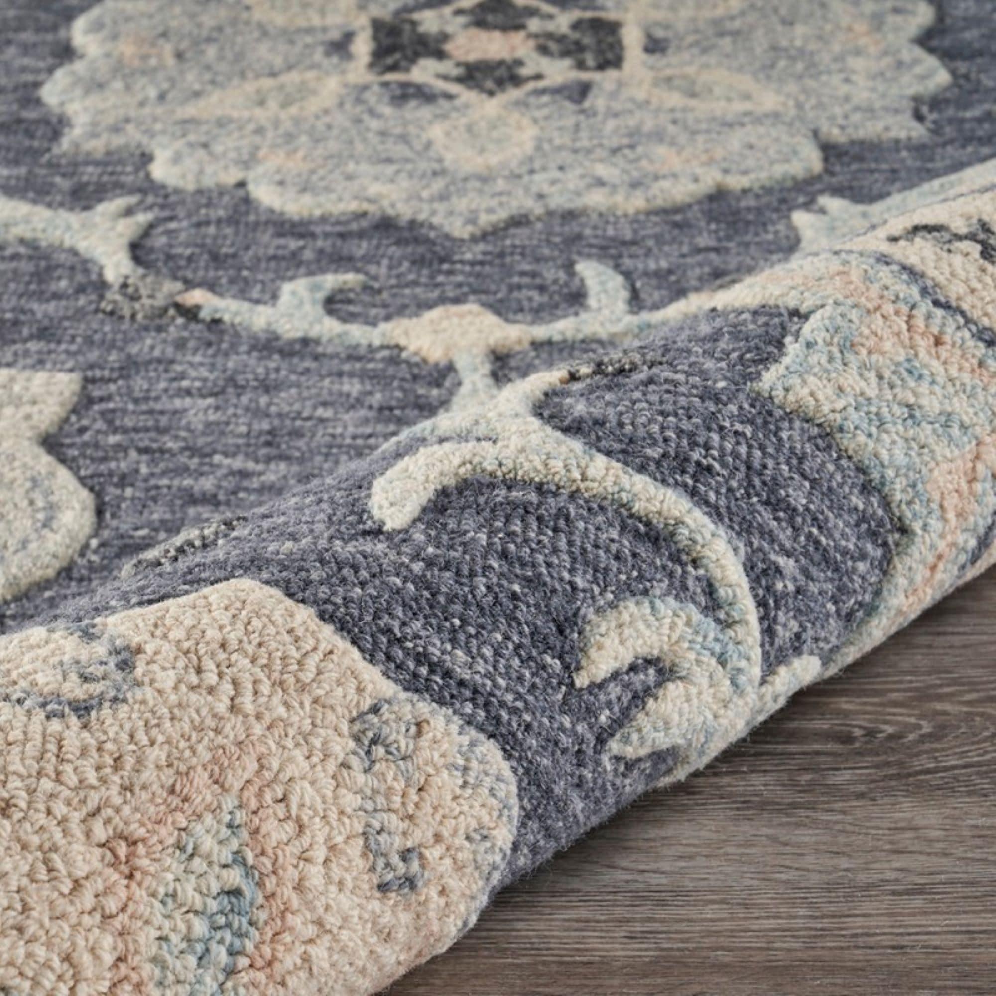 LR Home Aiden 7' x 9' Blue and Gray Floral Wool Indoor Area Rug