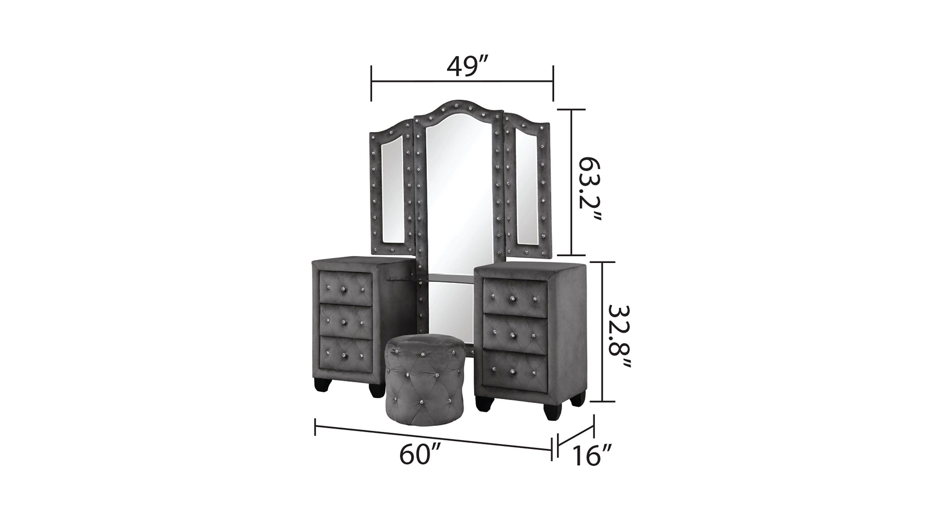 Sophia Full 5 Pc Vanity Upholstery Bedroom Set Made With Wood in Gray