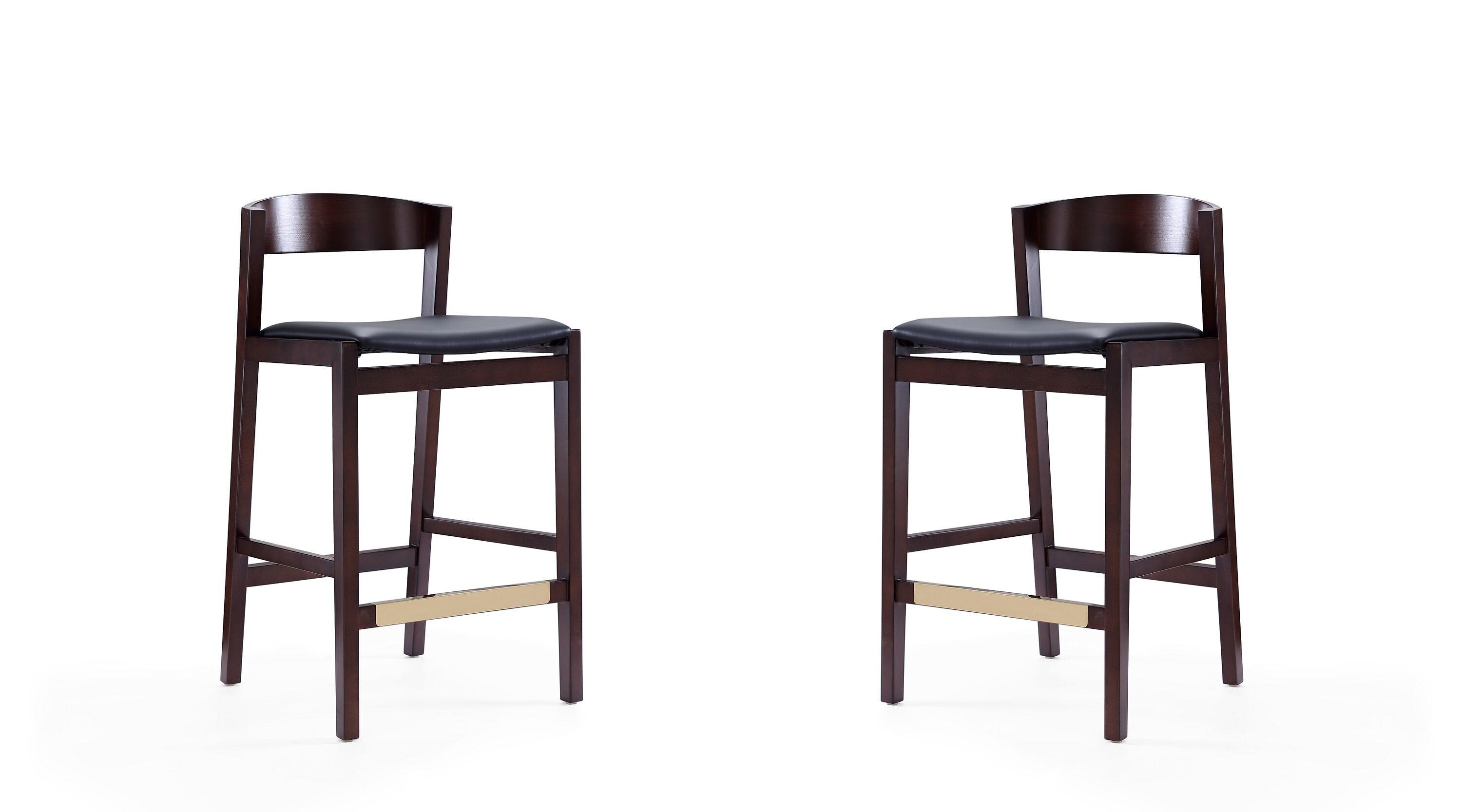 Manhattan Comfort Set of 2 Klismos Upholstered Beech Wood Counter Height Barstools Black: Faux Leather, Semi-Gloss Finish, Footrest