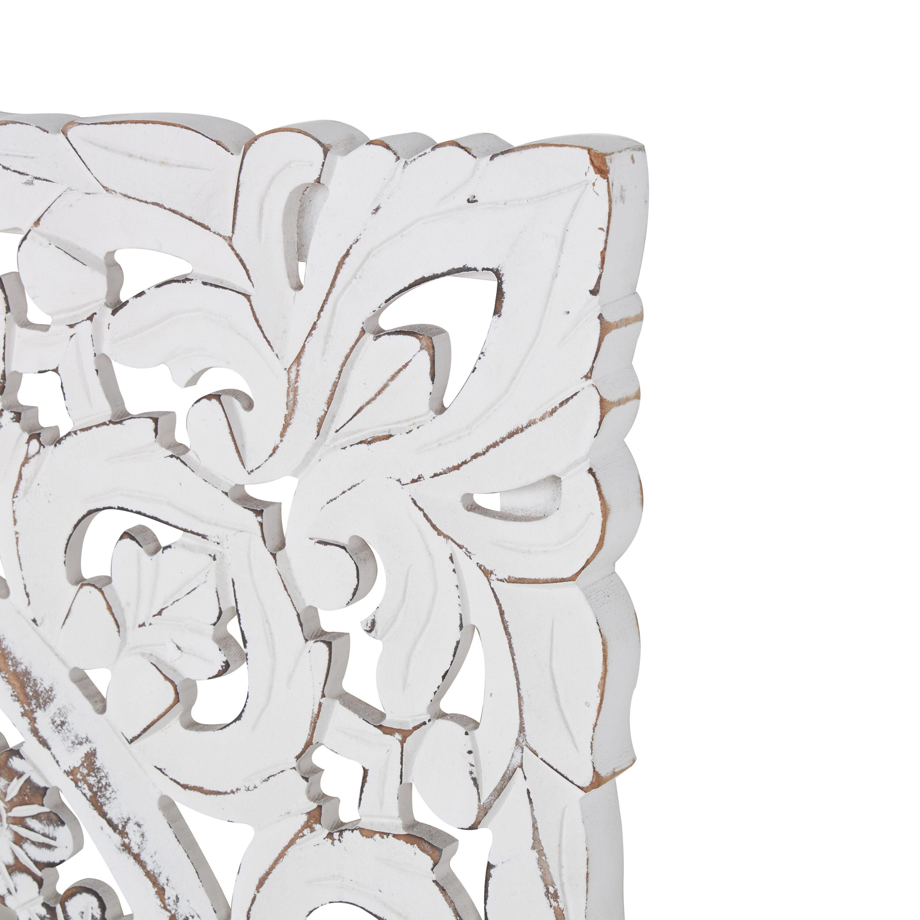 DecMode Traditional Wood Square White Handmade Wall Décor with Carved Mandala Design, 36"W x 36"H