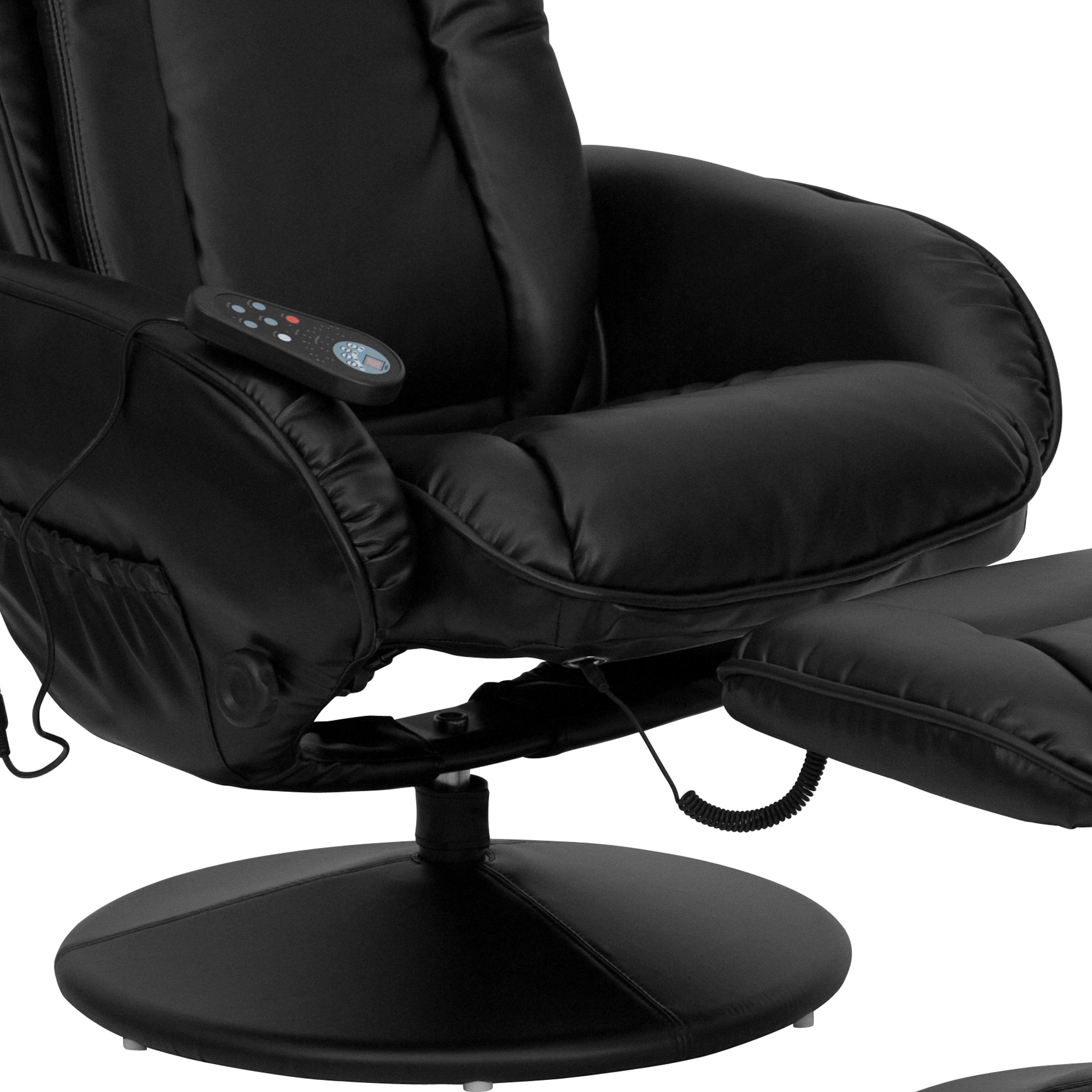 Flash Furniture Poppy Massaging Multi-Position Plush Recliner with Side Pocket and Ottoman in Black LeatherSoft
