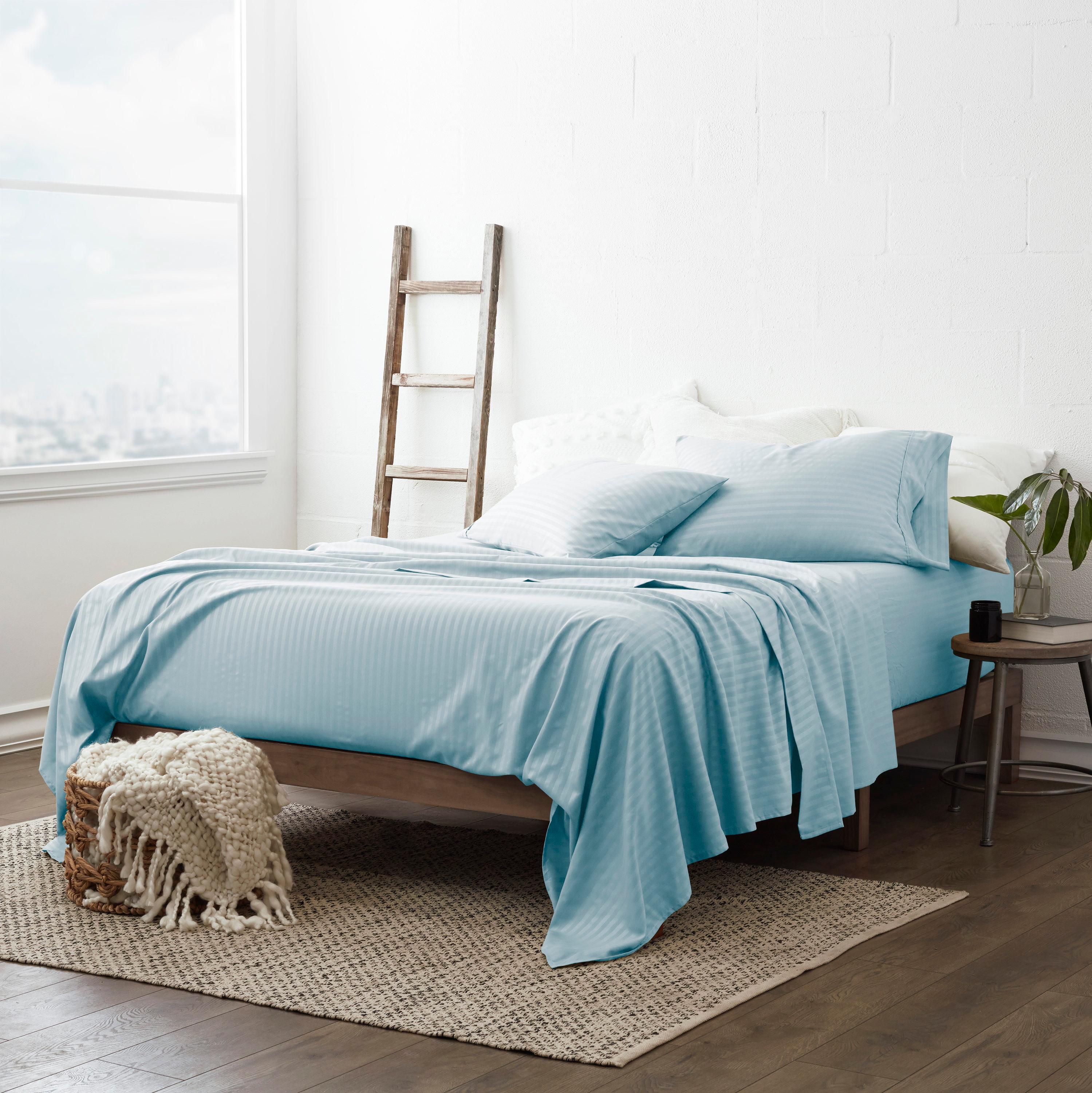 California King Aqua Striped Microfiber 4-Piece Sheet Set