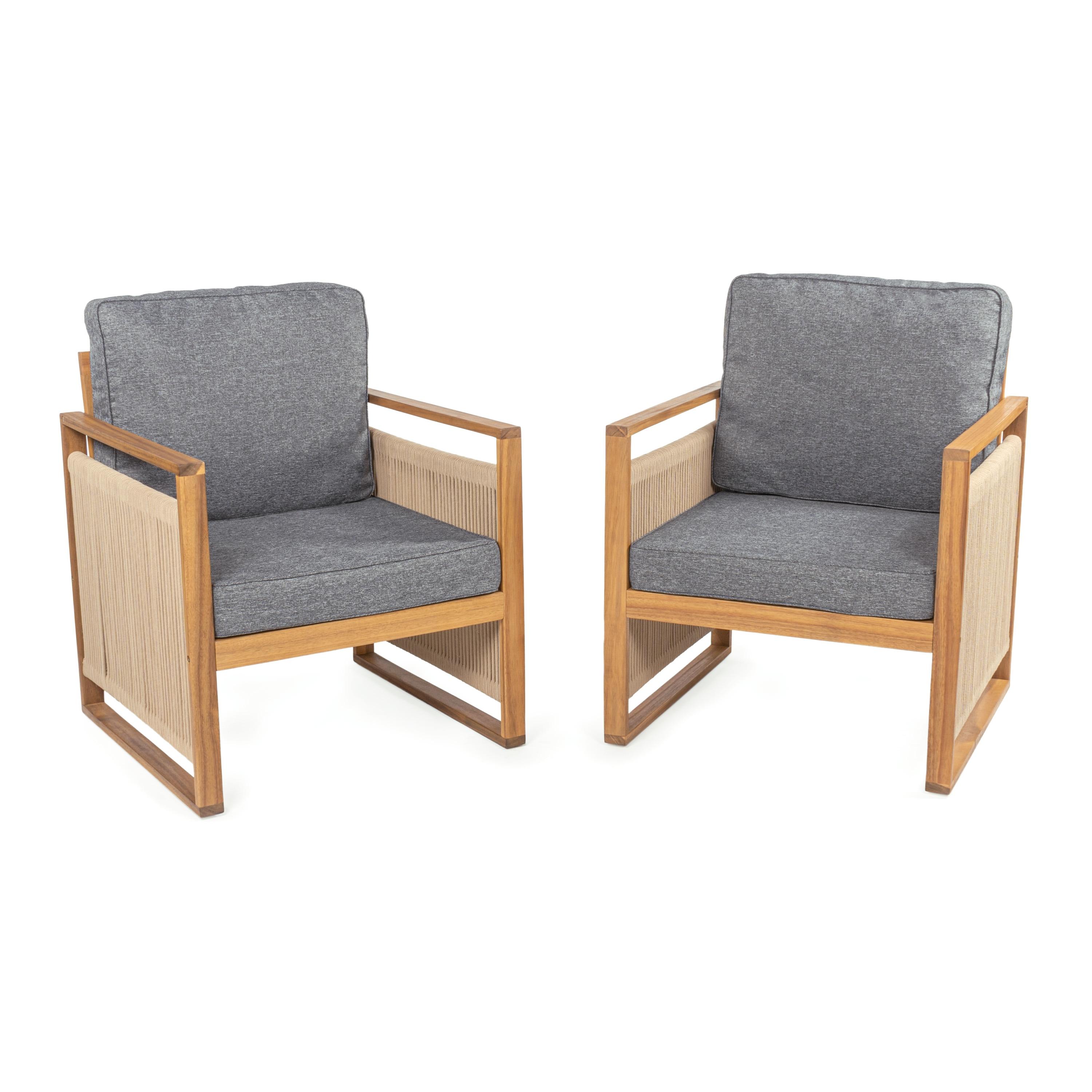 Gable Mid-Century Modern Roped Acacia Wood Outdoor Patio Chair with Cushions, Gray/Teak Brown (Set of 2) - JONATHAN Y