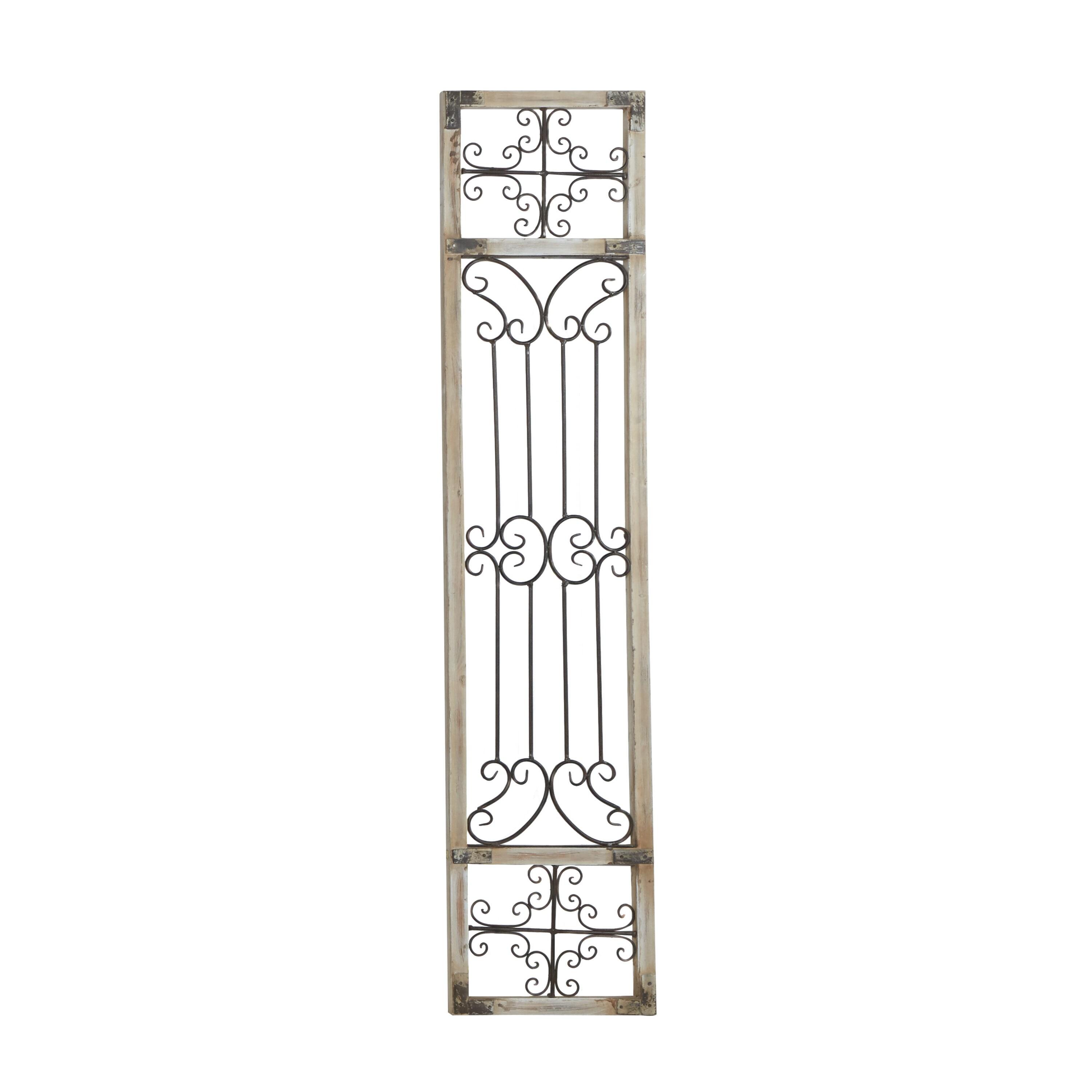 Cream Distressed Ornamental Panel Scroll Wall Sculpture with Bronze Metal Wire