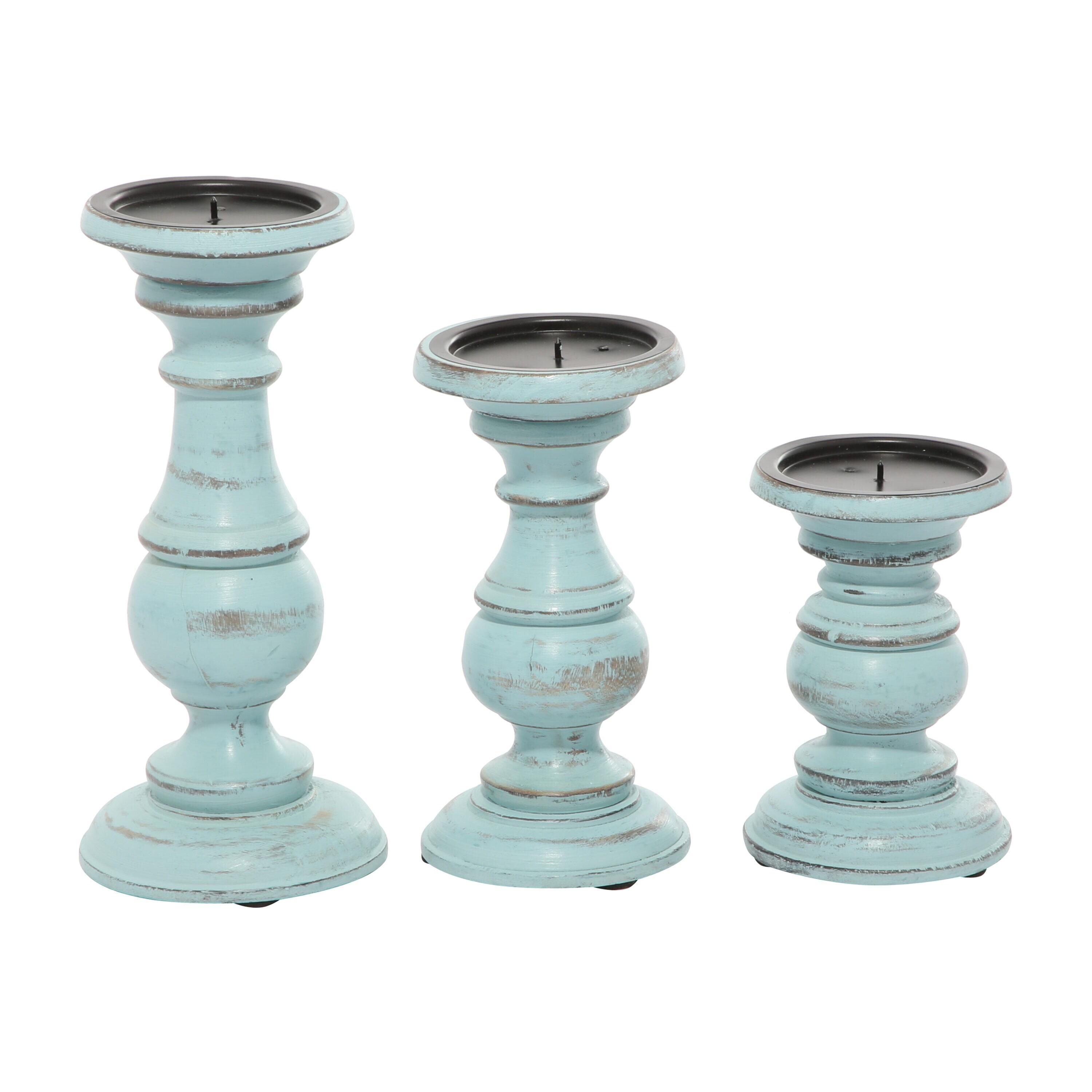 DecMode Traditional and Timeless Mango Wood Pillar Candle Holder Set of 3, 6", 8", 10"H, Light Blue Finish