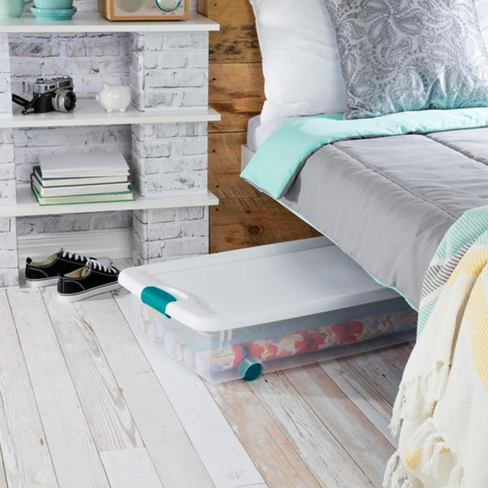 Sterilite 56 Qt Wheeled Latching Storage Box Stackable Bin with Latch Lid, Plastic Container to Organize Shoes Under Bed, Clear with White Lid, 8-Pack