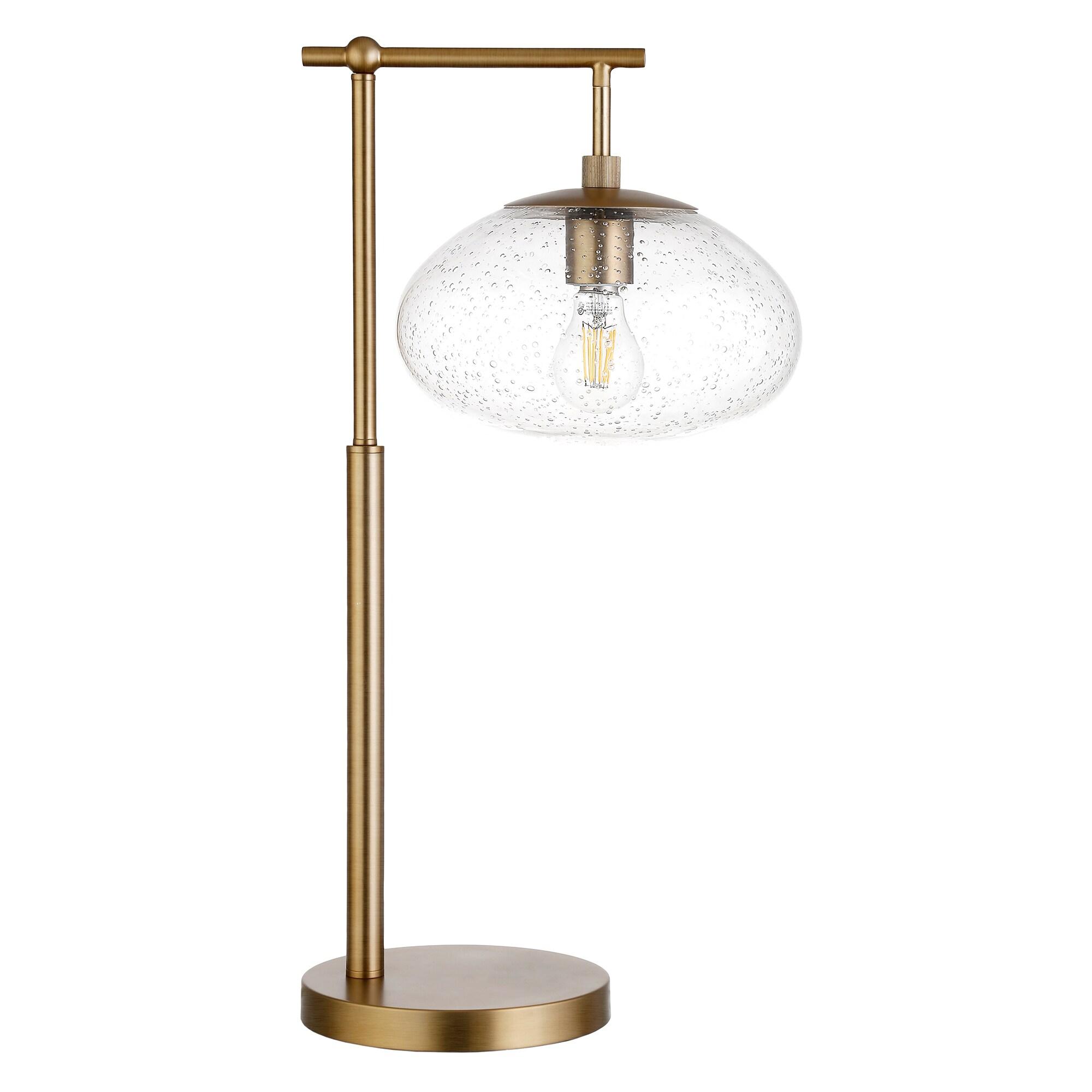 Evelyn&Zoe Blume 25" Tall Arc Table Lamp with Glass Shade in Brushed Brass/Seeded