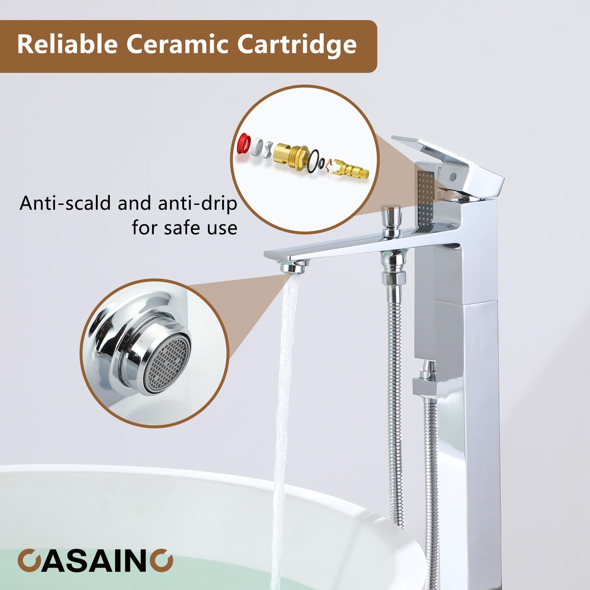 1-Handle Floor Mount Freestanding Tub Faucet with Handheld Shower in Chrome Plated