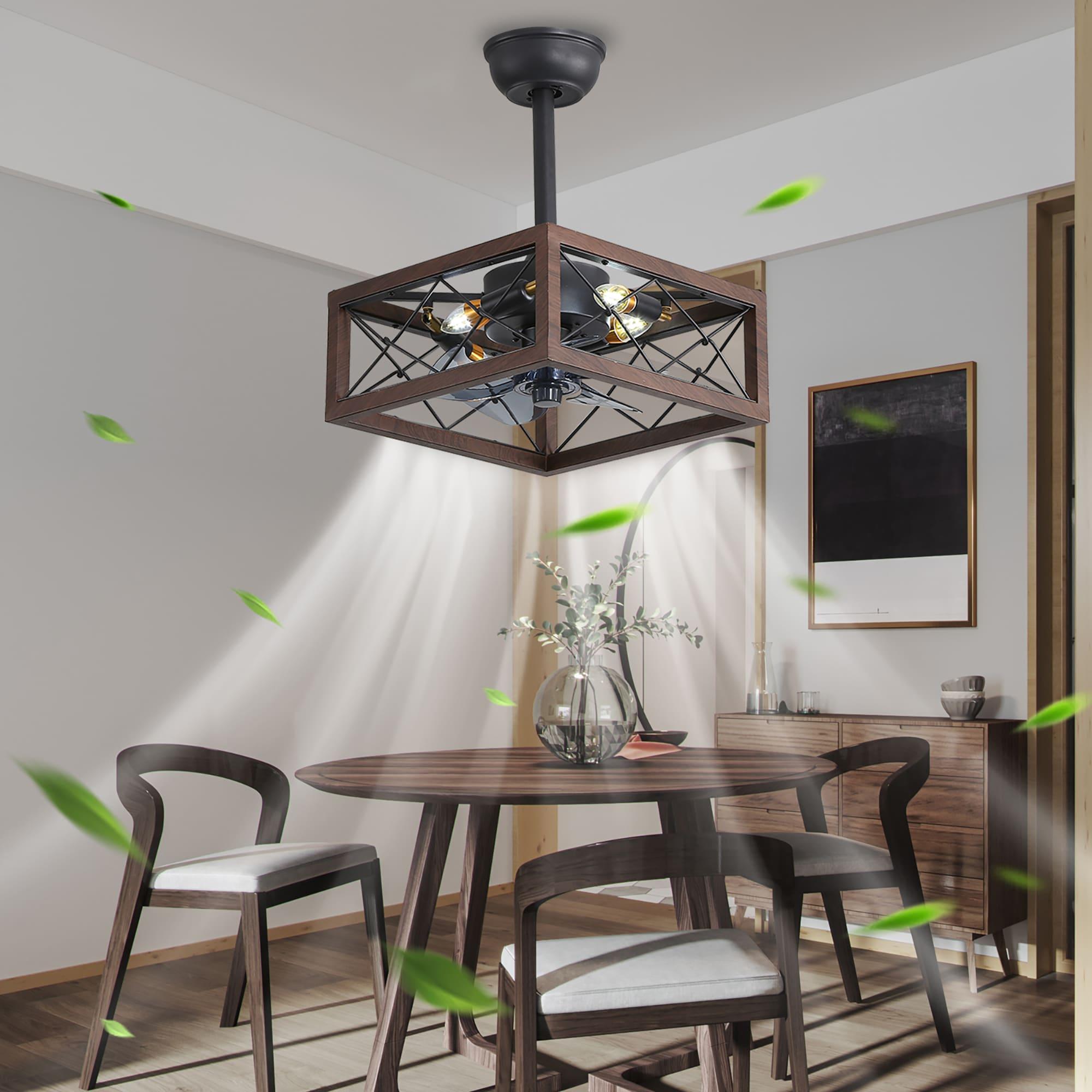 Yesurprise Caged Ceiling Fan with Lights, 18" Square Ceiling Fan with Remote & APP Control, 5 ABS Blades, 6 Speed Wind, Reversible DC Motor, 1H/2H/4H Timing for Living Room (Bulbs Include)