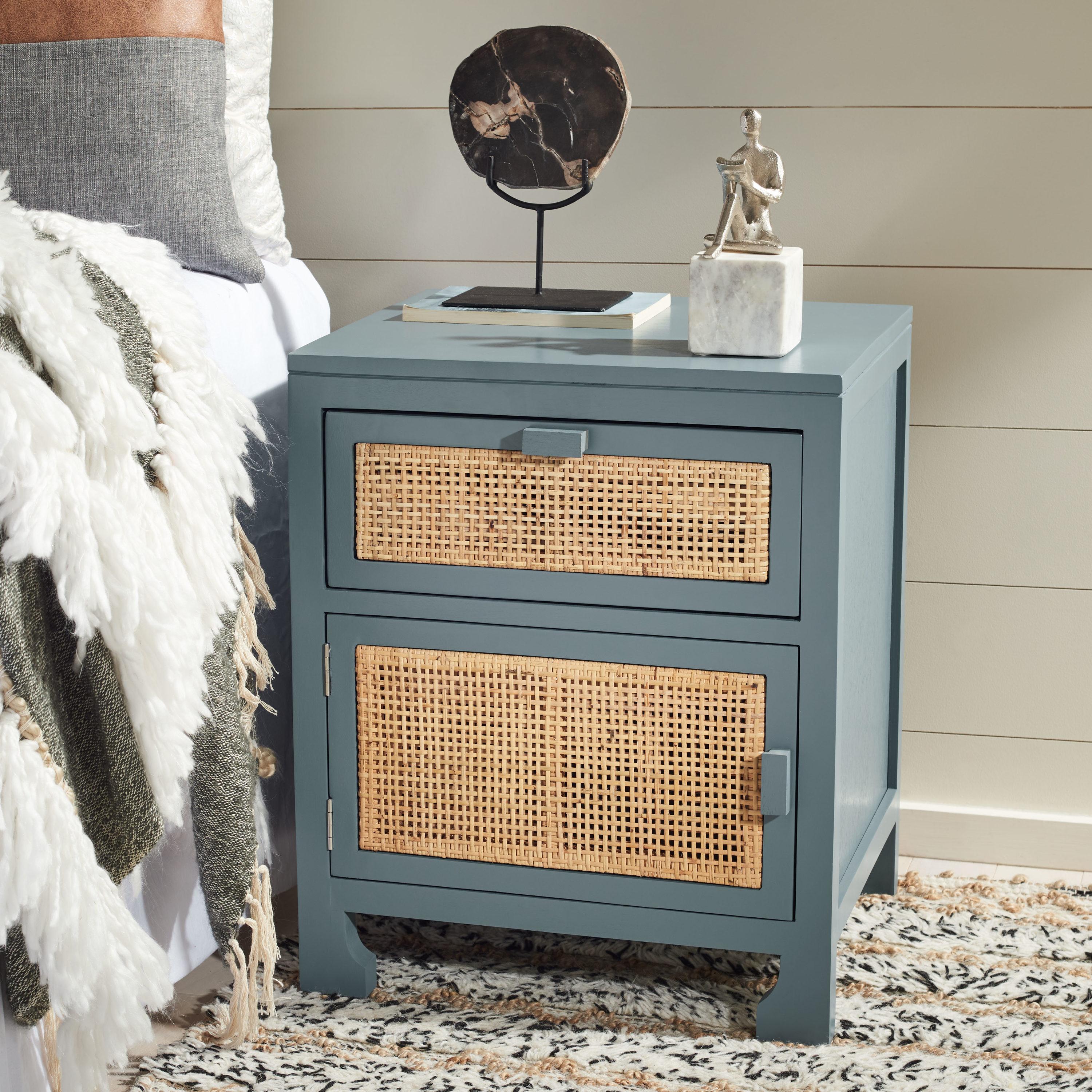 Coastal Blue Grey Mahogany Nightstand with Rattan Drawer