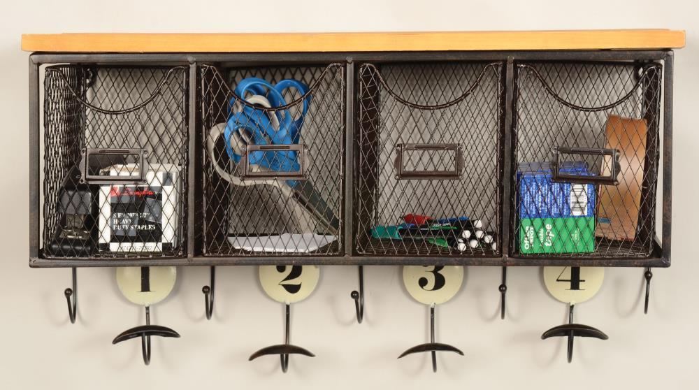 Wall Organizer with 4 Metal Baskets and Wood Top Hooks for Entryway Storage