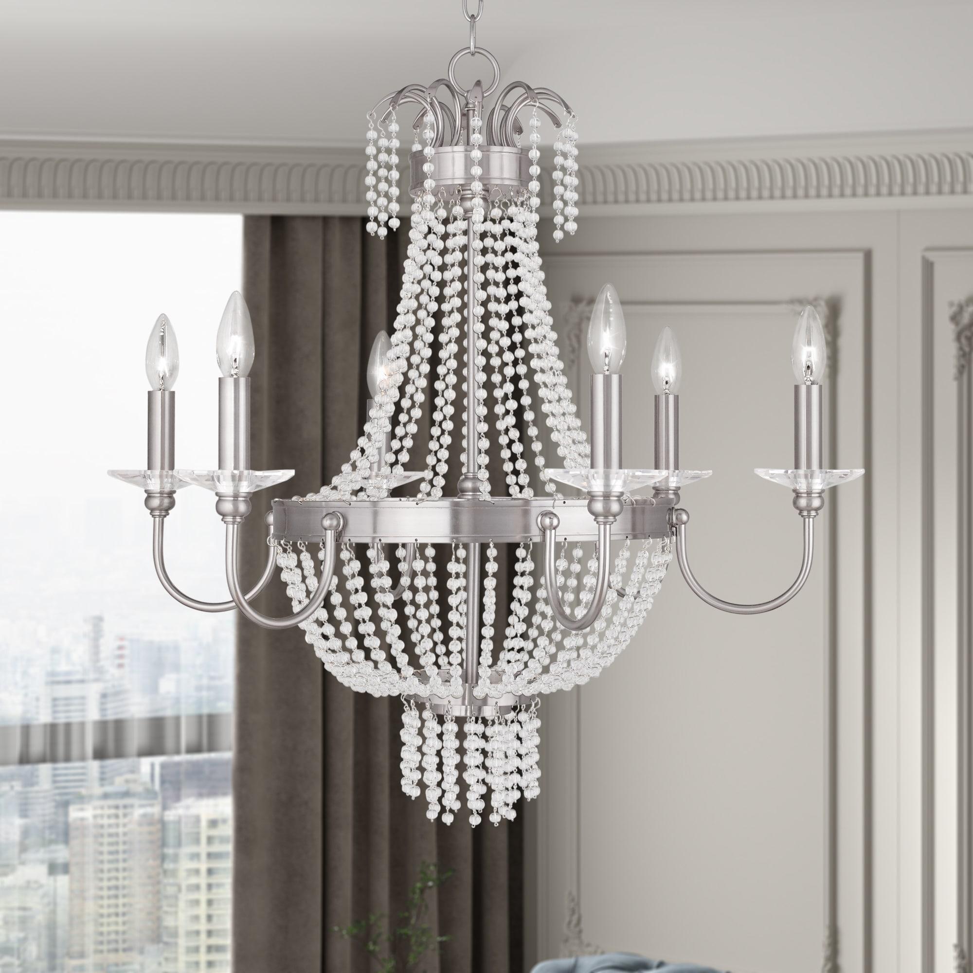 Brushed Nickel and Clear Crystal 6-Light Candelabra Chandelier