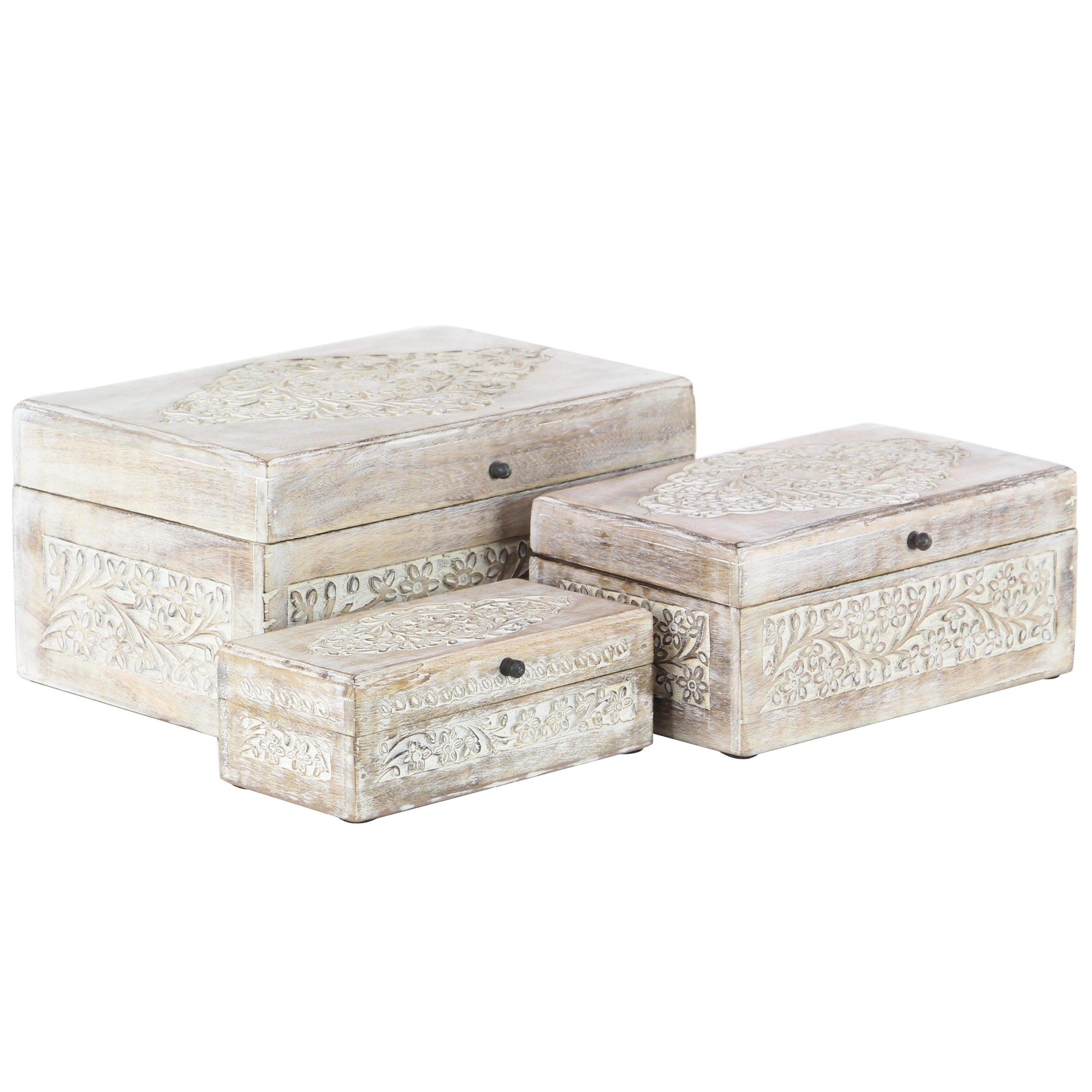 Set of 3 Natural Mango Wood Whitewashed Carved Design Boxes with Lid - Olivia & May