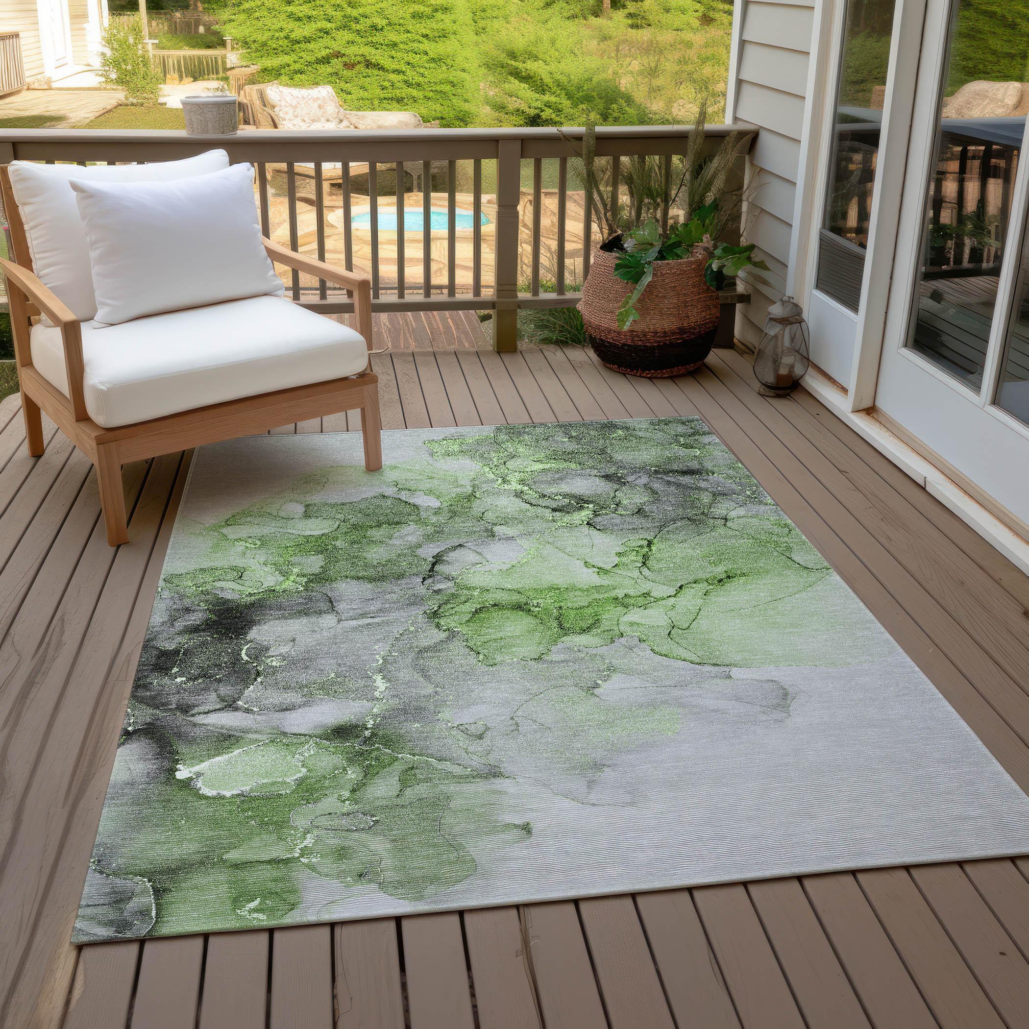 Green and Gray Watercolor Synthetic Washable Area Rug