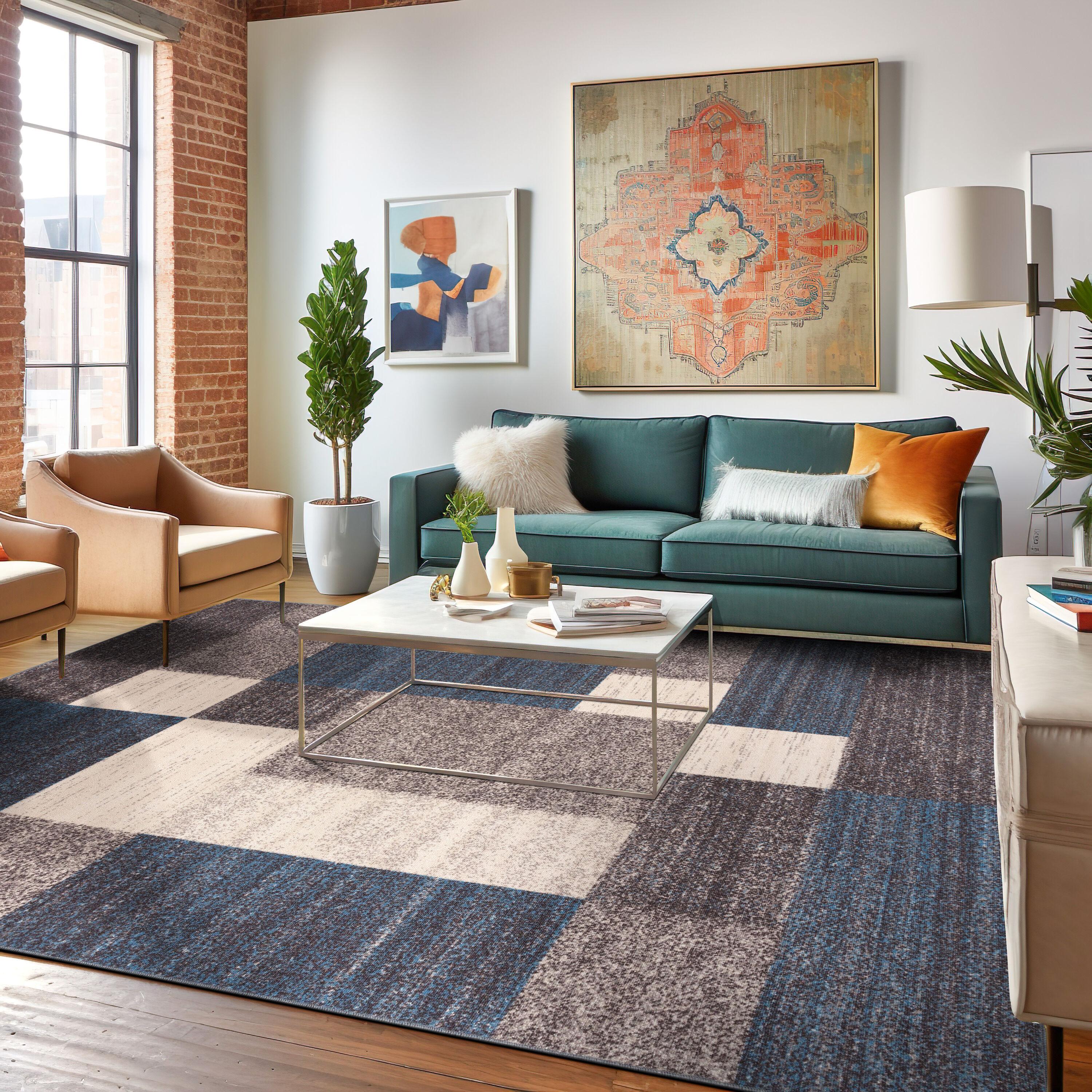 World Rug Gallery Modern Boxes Design Non-slip (Non-skid) Blue 3'3" x 5' Area Rug