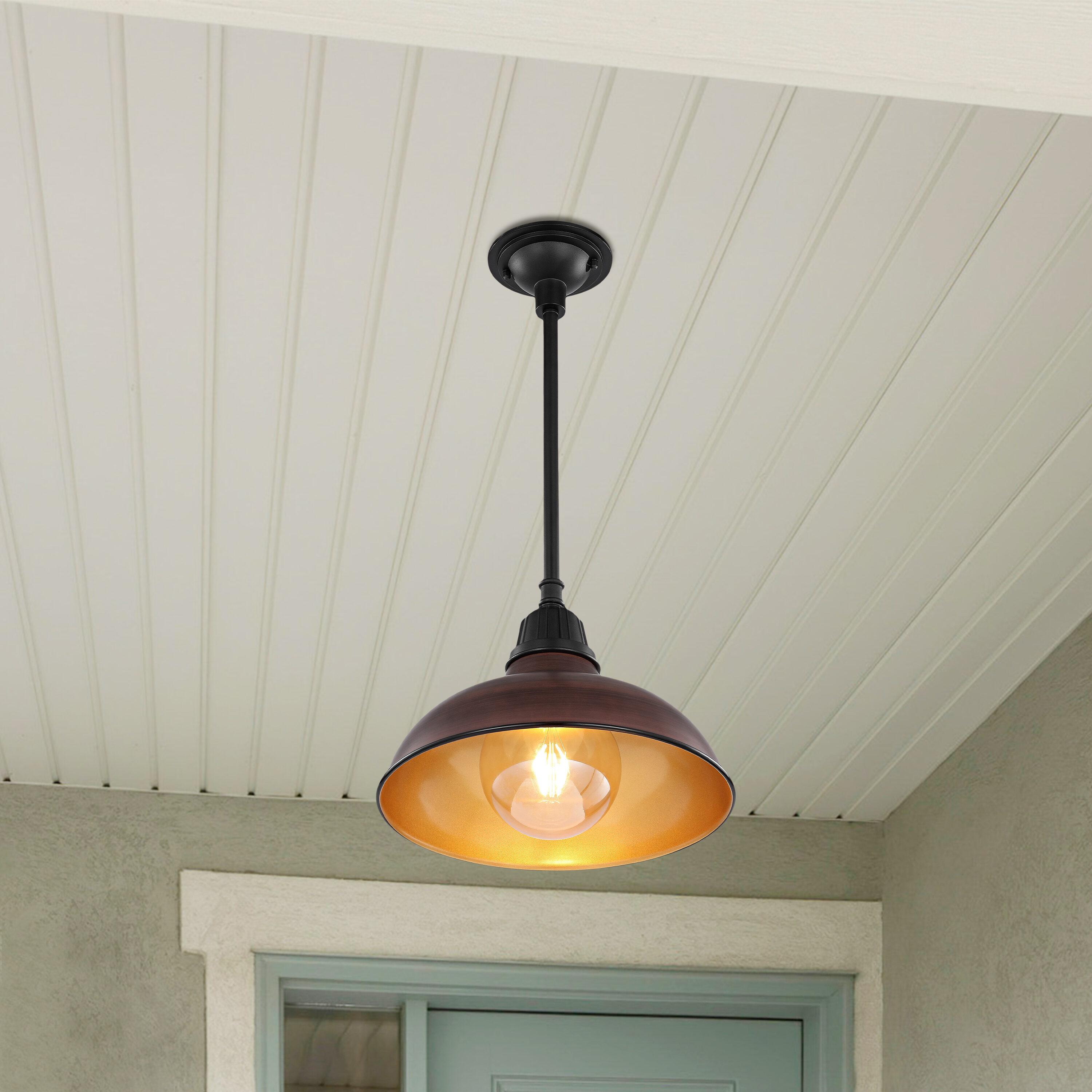 Jasper 12.25" 1-Light Farmhouse Industrial Indoor/Outdoor Iron LED Pendant, Wood Finish/Copper