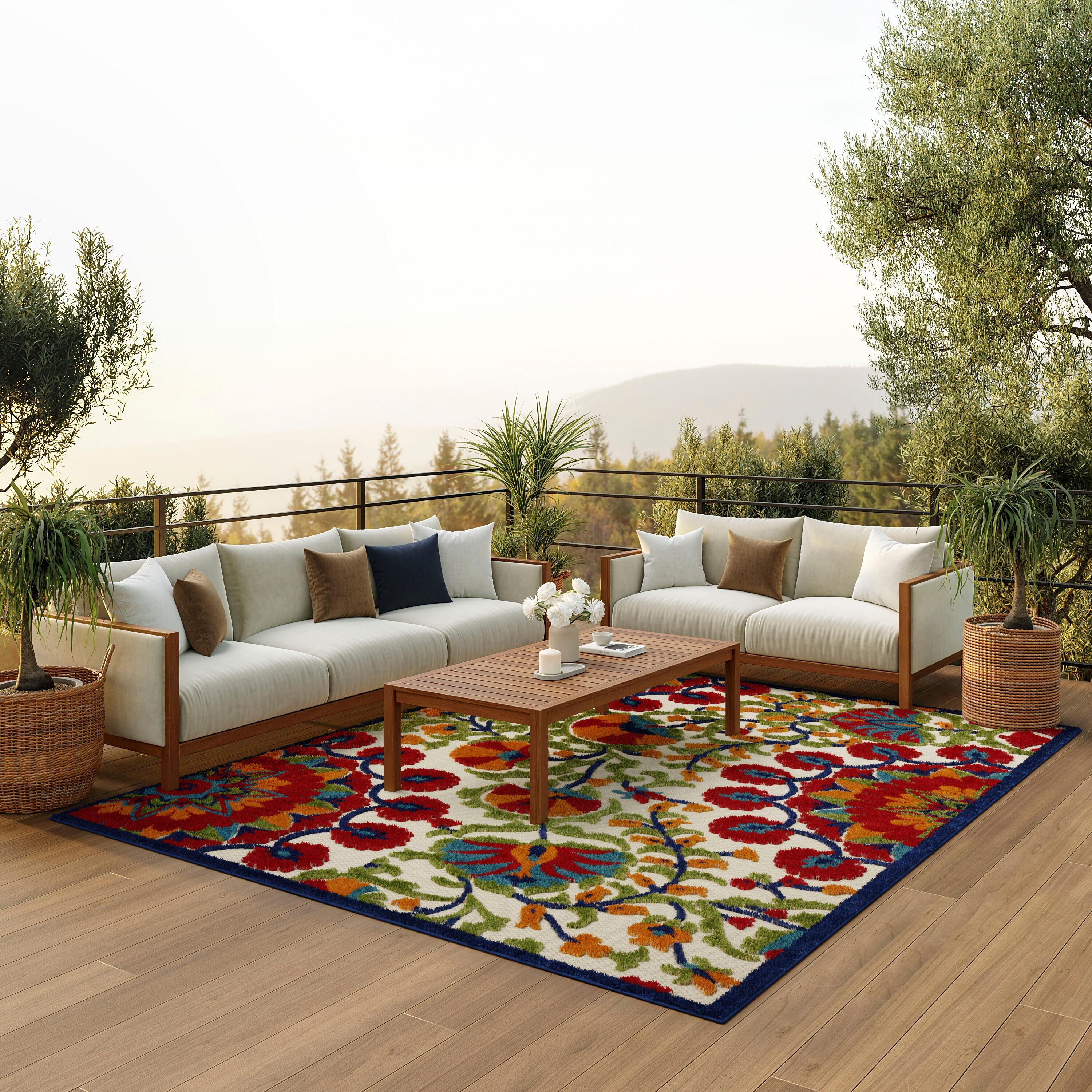 Nourison Aloha Floral Easy Care Flatweave High-Low Indoor Outdoor Area Rug Red/Multi 7' x 10'