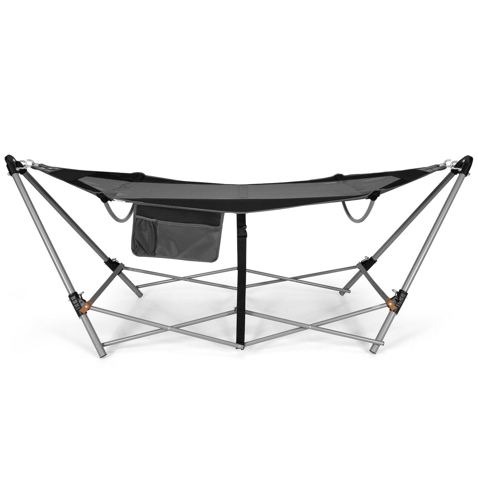 Costway Folding Hammock Indoor & Outdoor Hammock with Side Pocket & Iron Stand Black