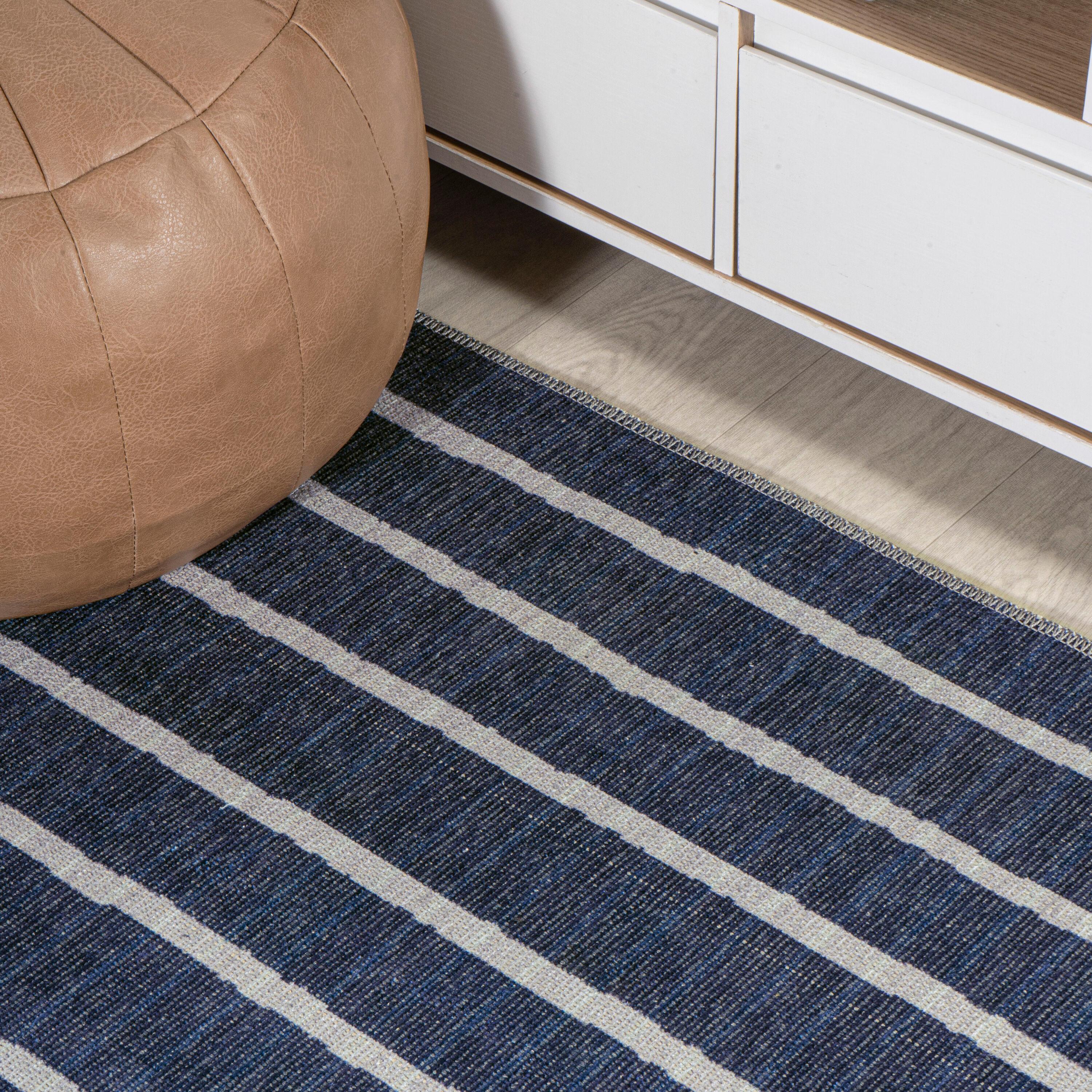 5' x 8' Rand Distressed Ticking Stripe Machine-Washable Area Rug, Navy/Ivory - JONATHAN Y