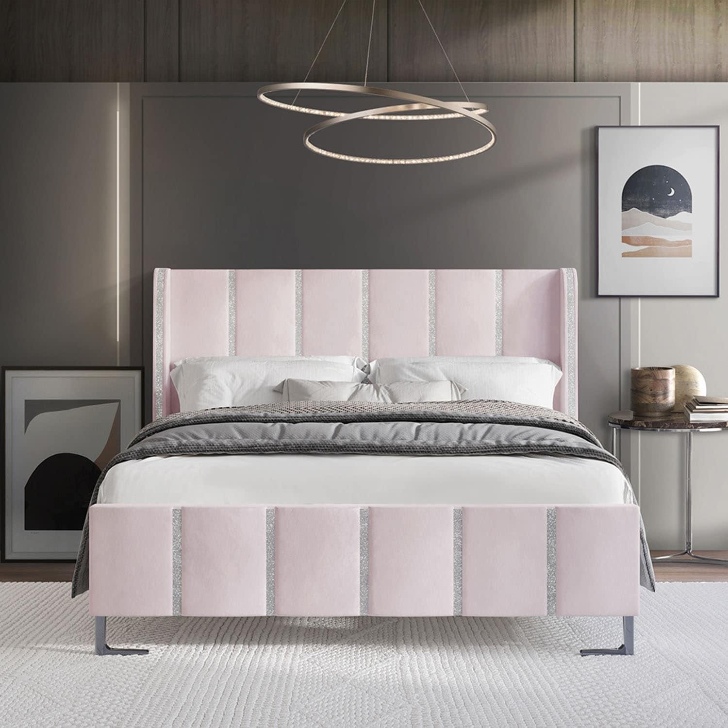 ChaletPosh Queen Size Upholstered Bed in Light Pink Velvet