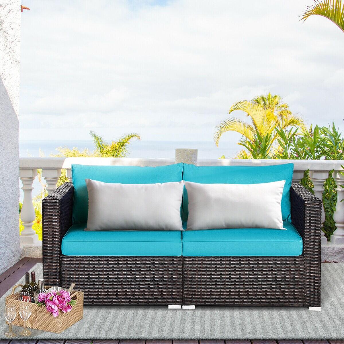 Costway 2PCS Patio Rattan Corner Sofa Sectional Furniture Blue Cushion
