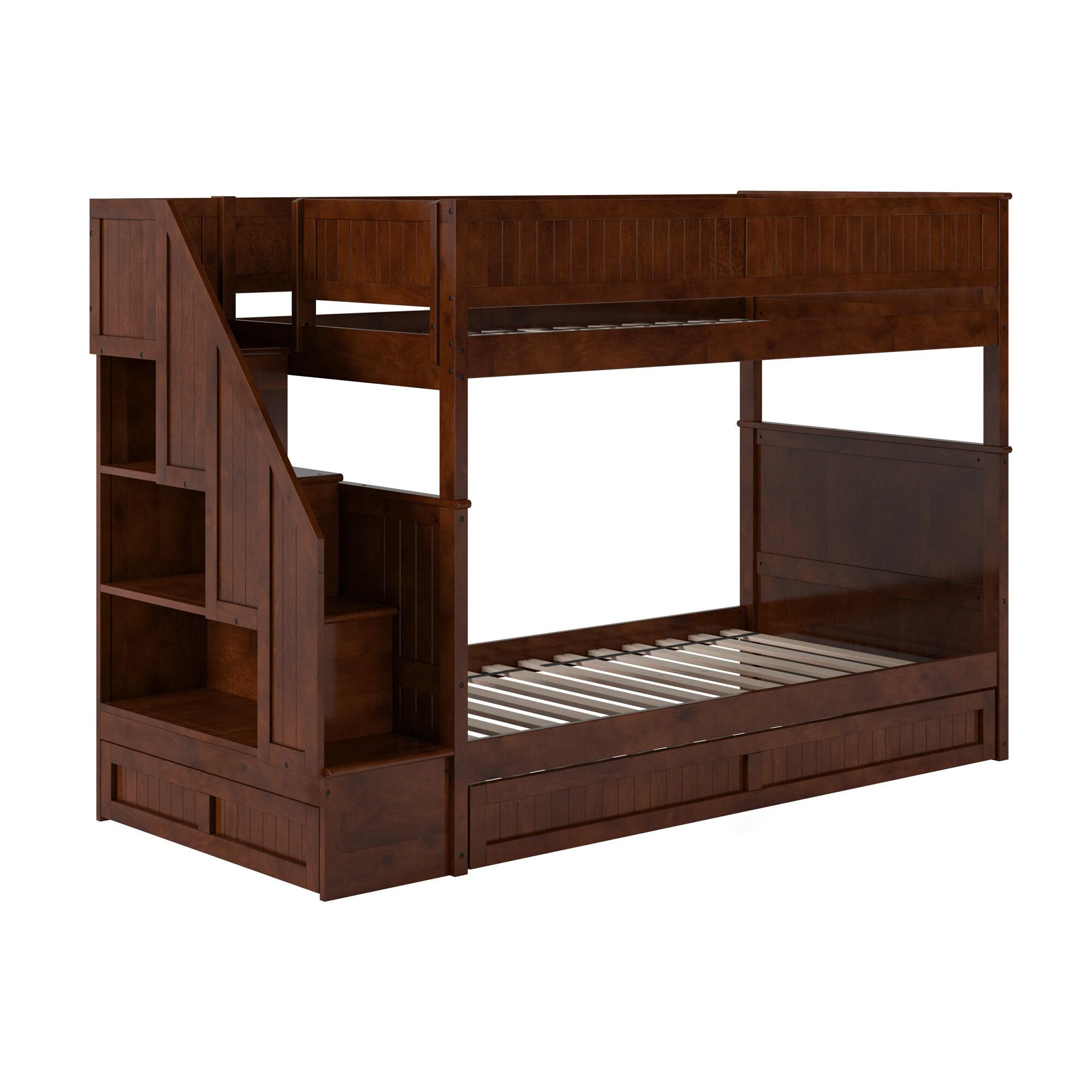 Walnut Twin Over Twin Bunk Bed with Storage Drawer and Trundle