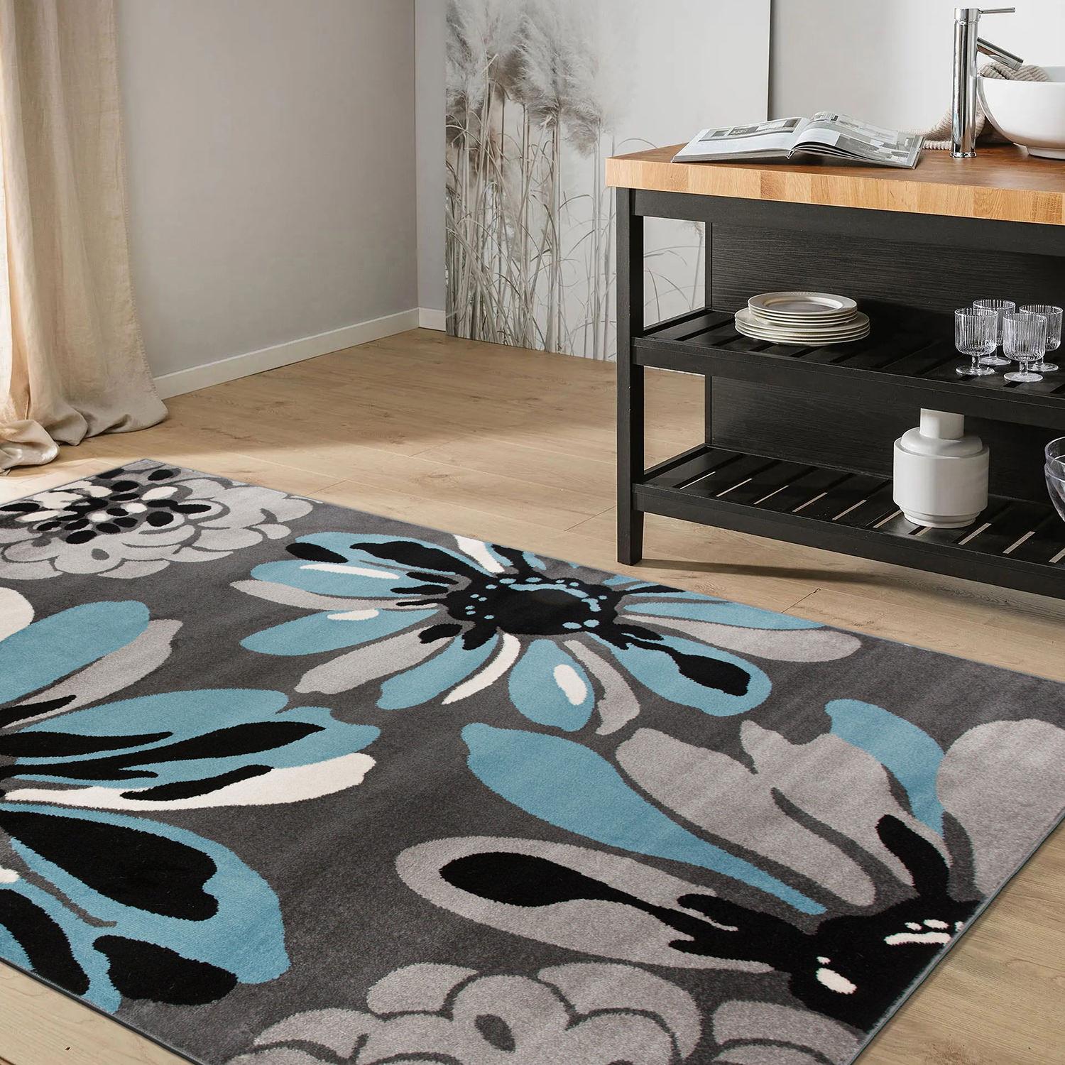 World Rug Gallery Contemporary Modern Flowers Area Rug - Blue 3'3" x 5': Stain-Resistant, Low Pile, Floral Pattern