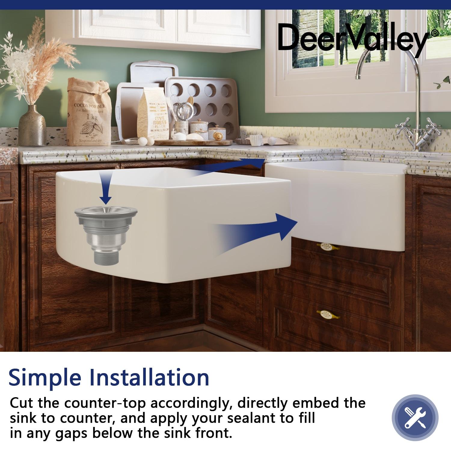 DeerValley Fireclay Single Basin Curved Farmhouse Kitchen Sink with Sink Grid and Basket Strainer