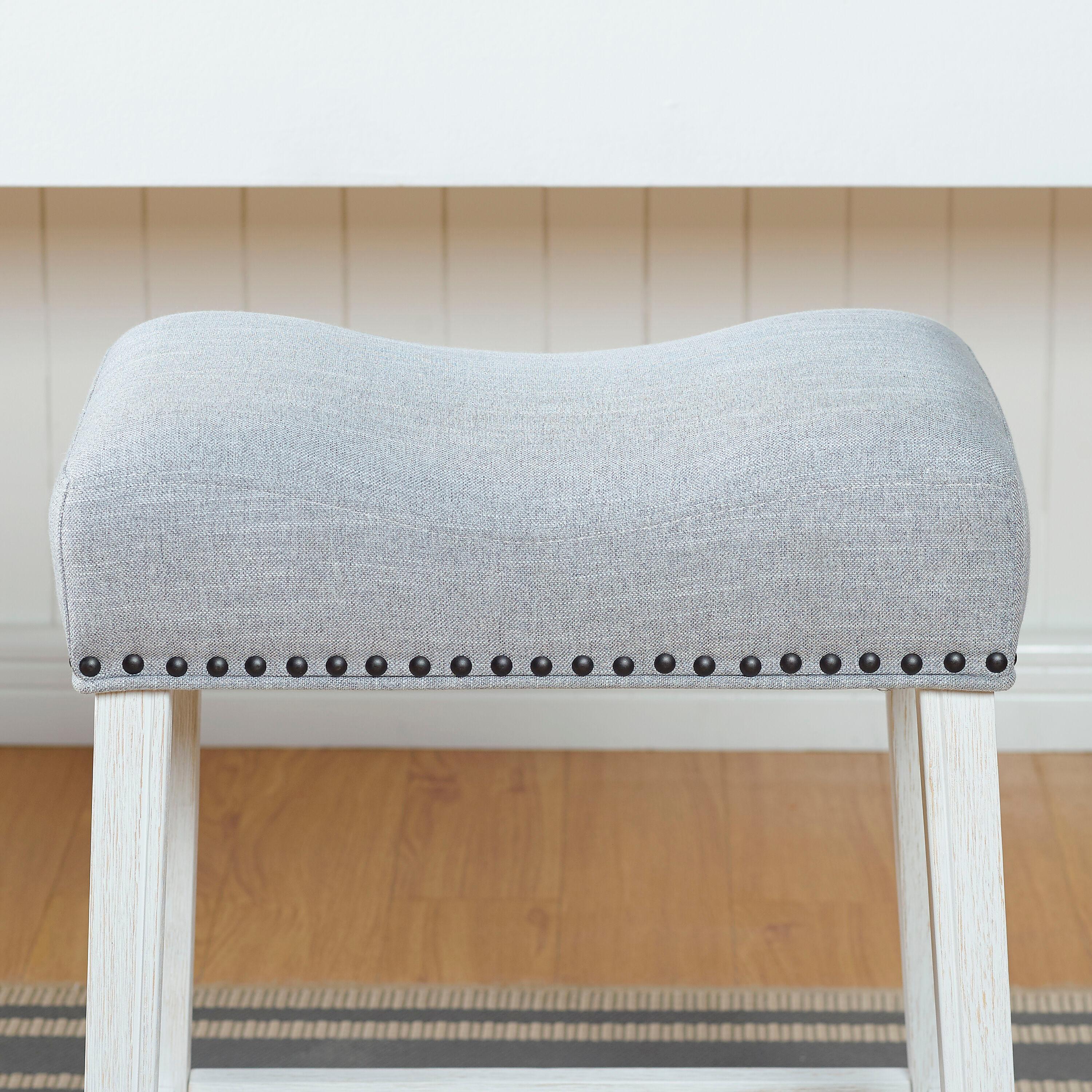 Roundhill Furniture CoCo Upholstered Counter Height Stools - Saddle Seat, White-Washed Finish, Gray Fabric, Set of 2