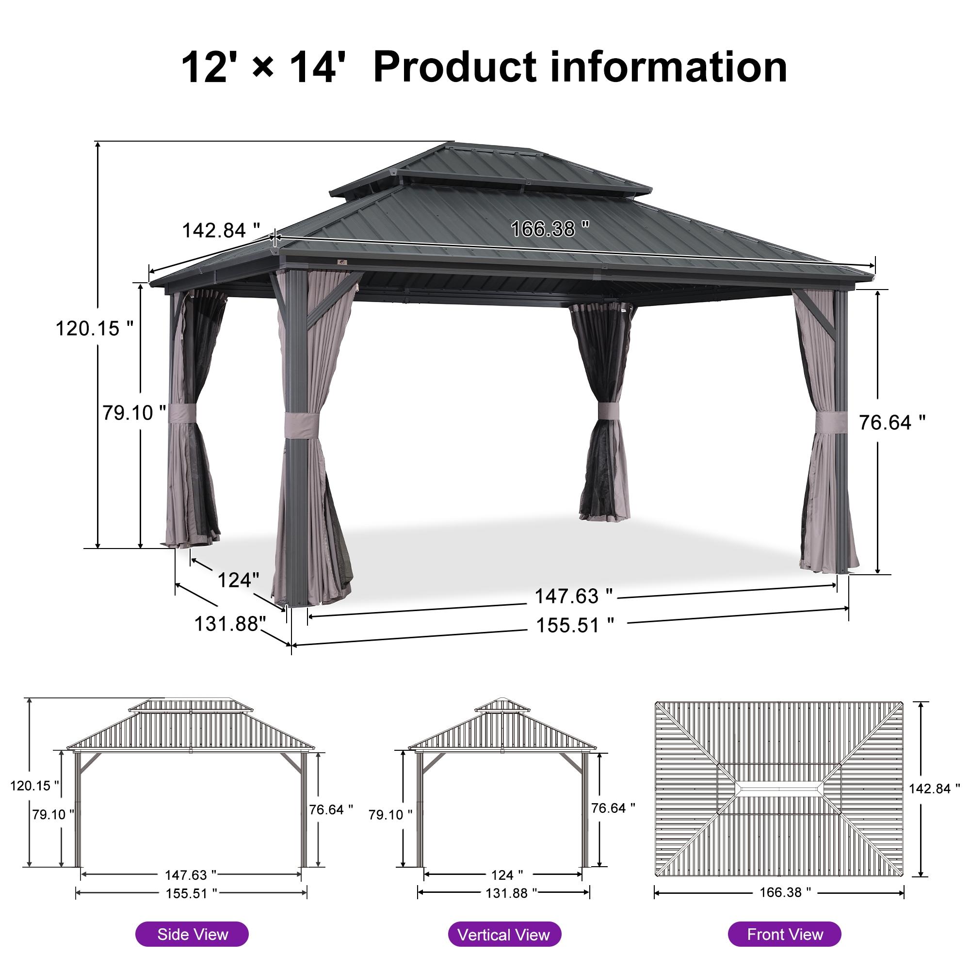 PURPLE LEAF 12' x 14' Permanent Hardtop Gazebo Aluminum Frame Gazebo with Galvanized Steel Double Roof, UV-Resistant for Backyard Patio Lawn and Garden, Netting & Curtains included - Grey