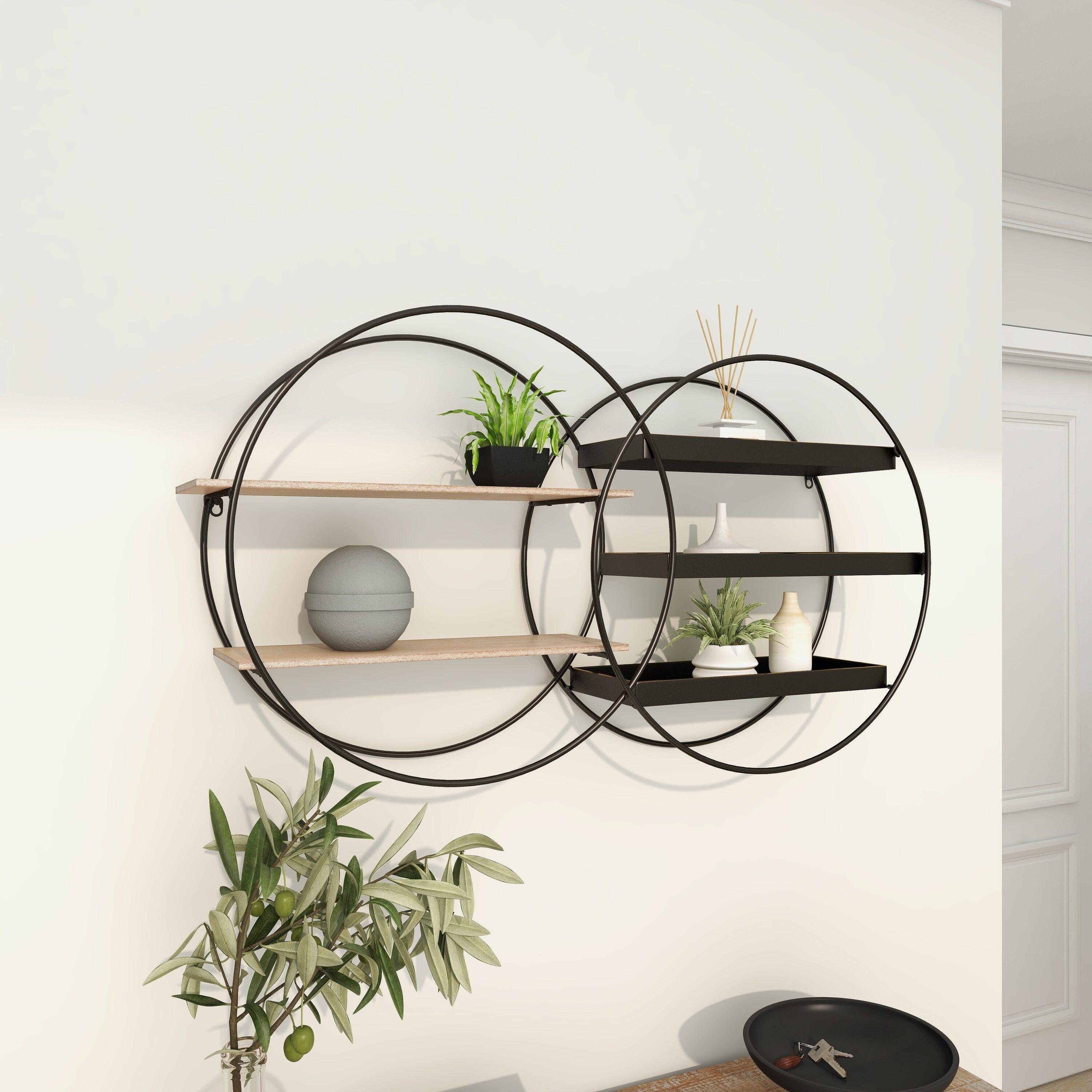 Black Iron and Dark Wood Circular Floating Wall Shelf