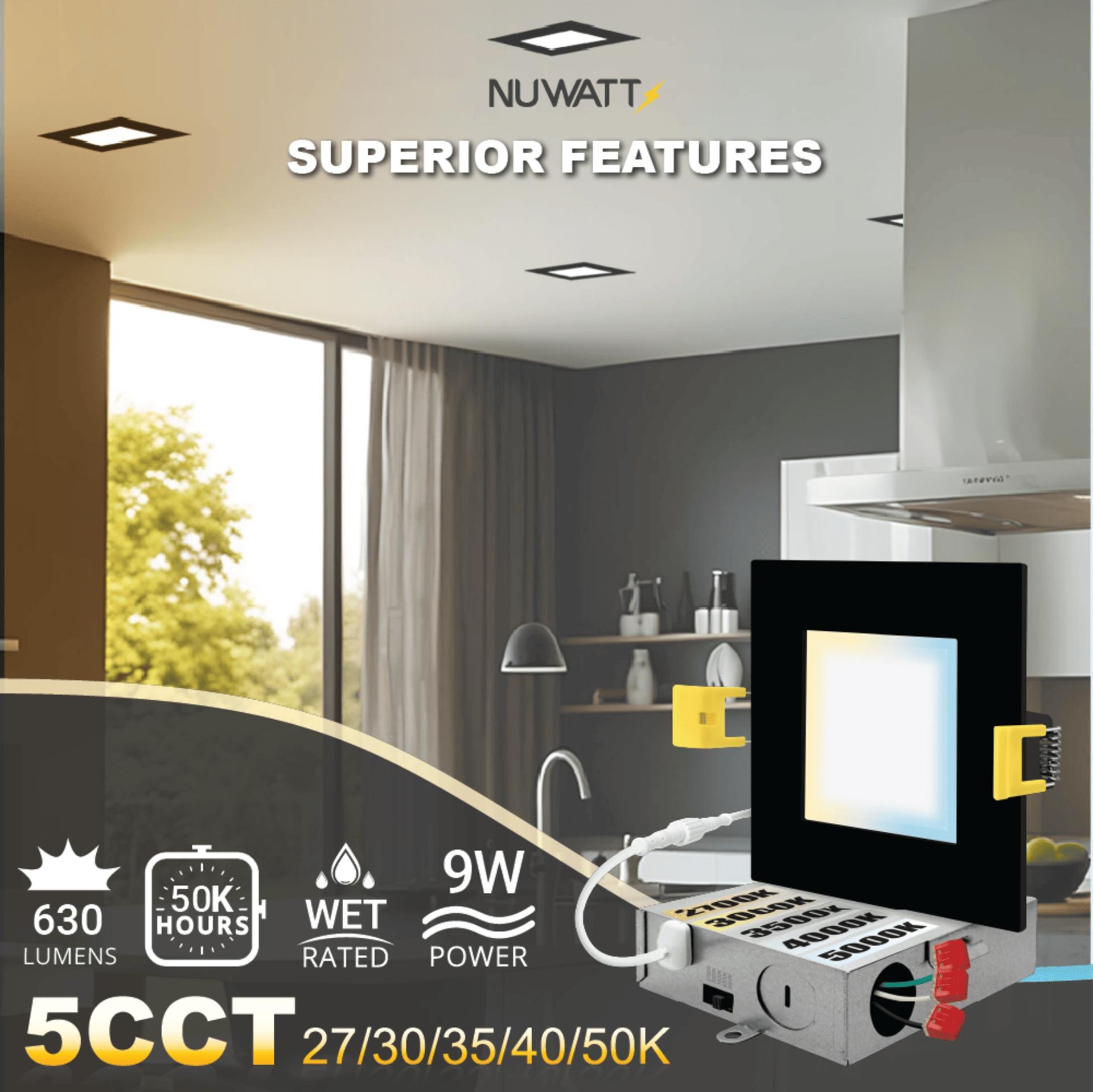 4 in. Slim Canless Square LED Recessed Light 12W 5CCT Dimmable IC Rated 550LM Black Trim 12PK