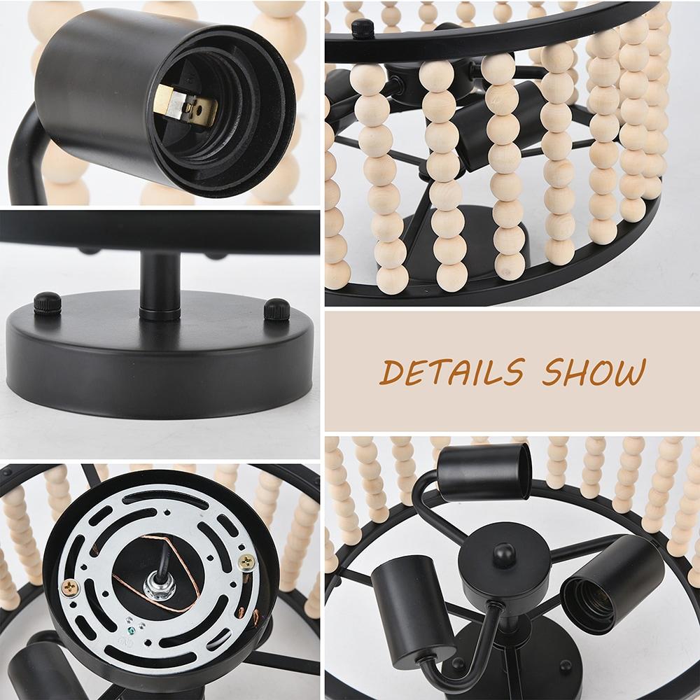 GoYeel Semi Flush Mount Ceiling Light Fixtures 3-Light Wooden Beaded Chandeliers Farmhouse Black