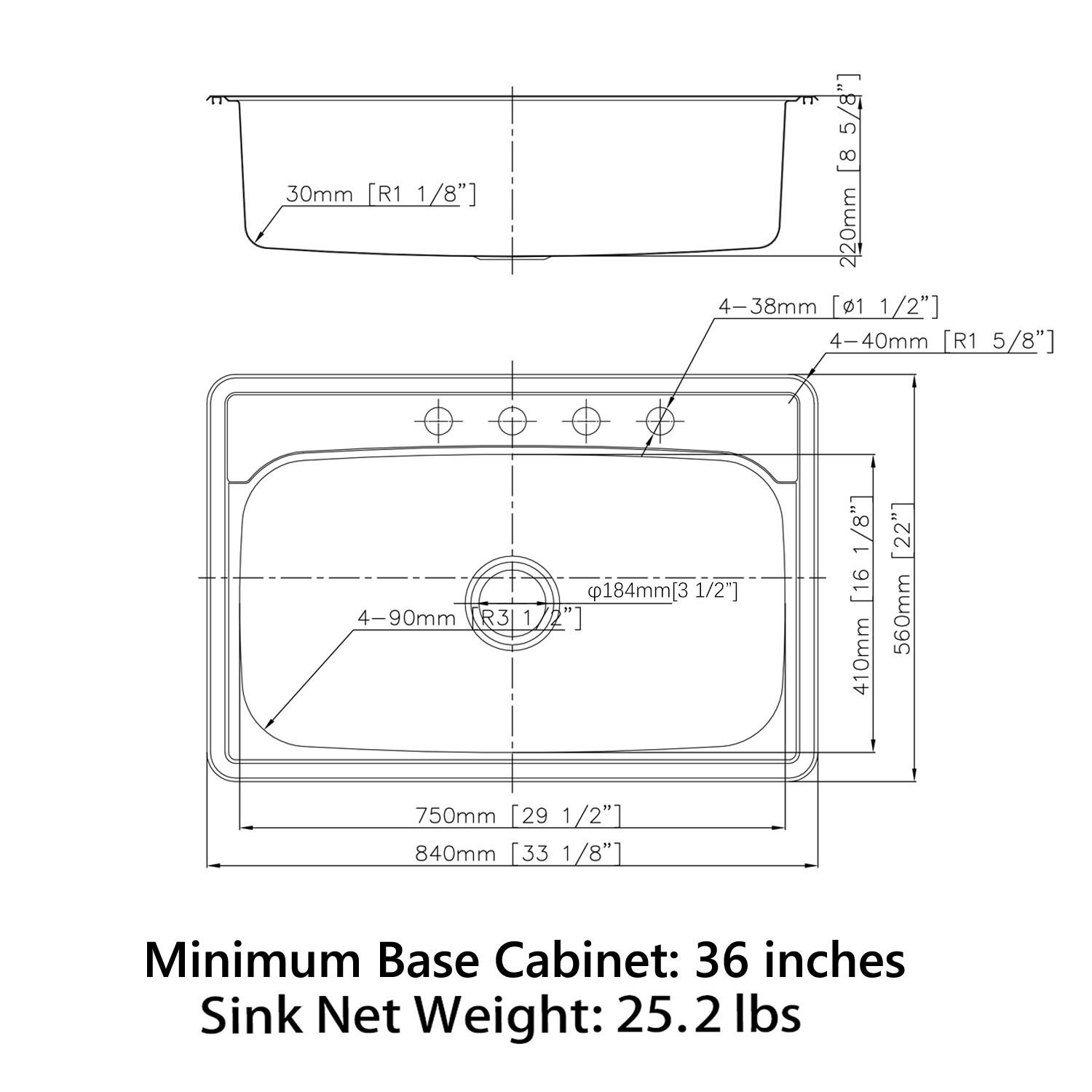 OSC Sinber Drop in Single Bowl 304 Stainless Steel Kitchen Sink 33" x 22" x 9"(Sink Only) - Silver