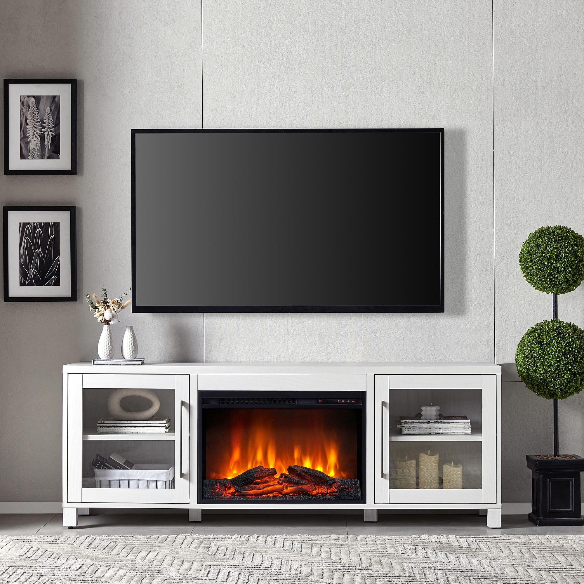 Evelyn&Zoe Quincy Rectangular TV Stand with 26" Log Fireplace for TV's up to 75", White