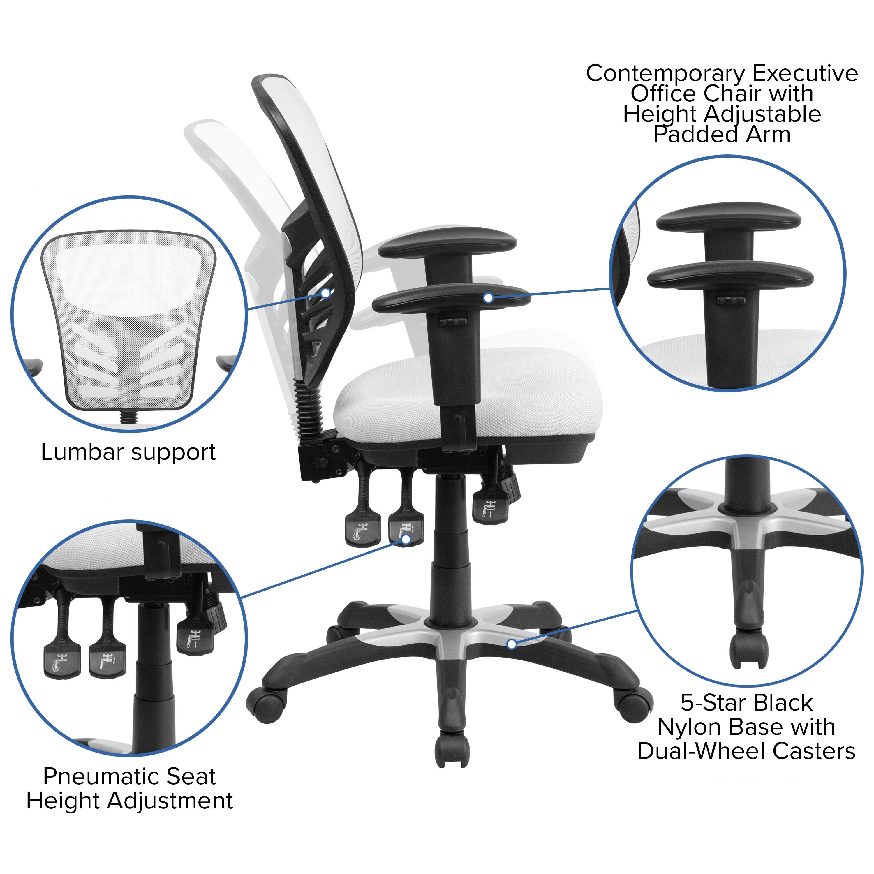 Flash Furniture Mid-Back White Mesh Multifunction Executive Swivel Ergonomic Office Chair with Adjustable Arms