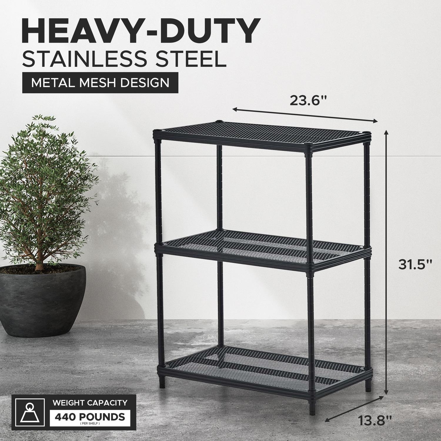 Design Ideas MeshWorks 3 Tier Full-Size Metal Storage Shelving Unit Rack for Kitchen, Office, and Garage Organization, 23.6” x 13.8” x 31.5,” Black