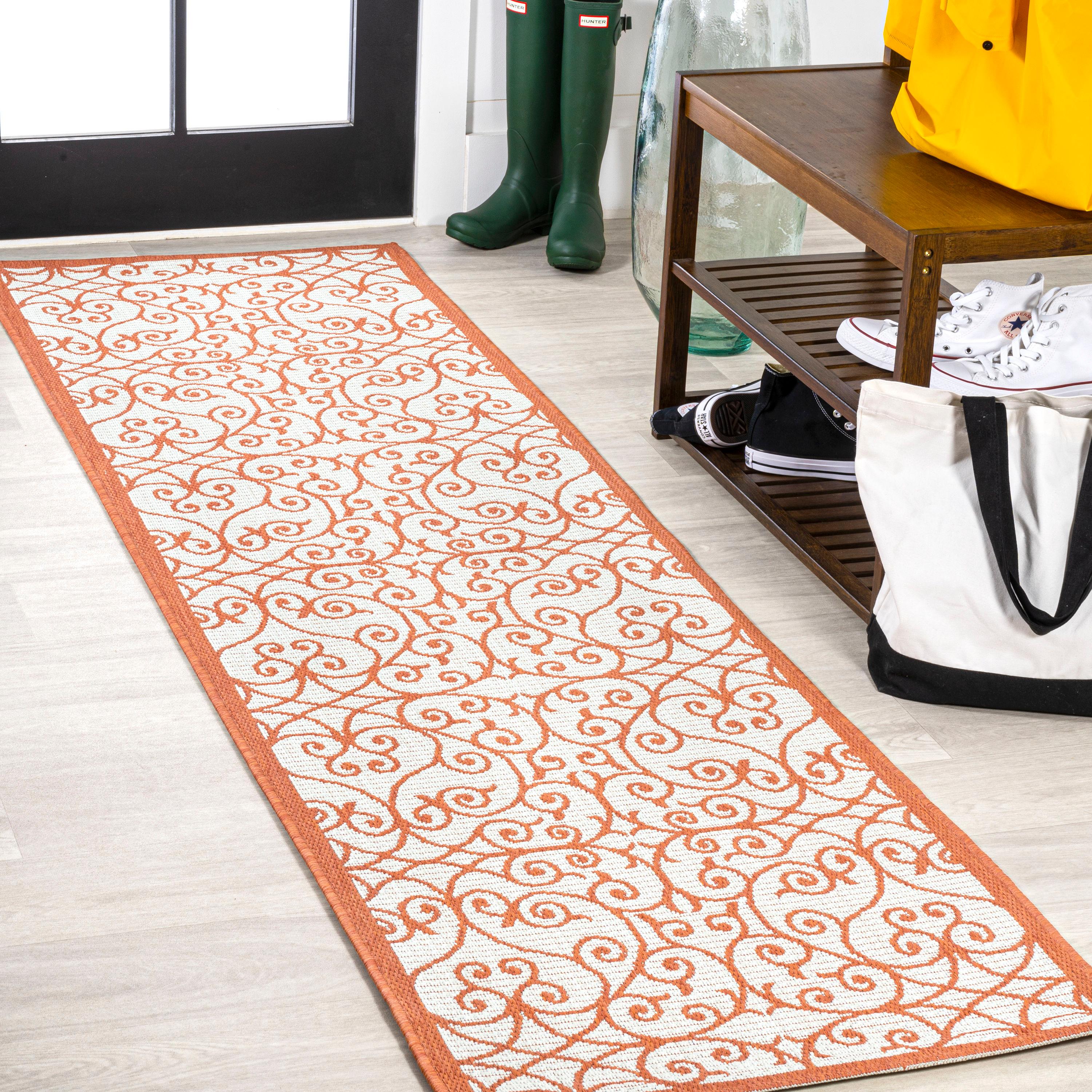 2' x 10' Madrid Vintage Filigree Textured Weave Indoor/Outdoor Runner Rug, Cream/Orange - JONATHAN Y